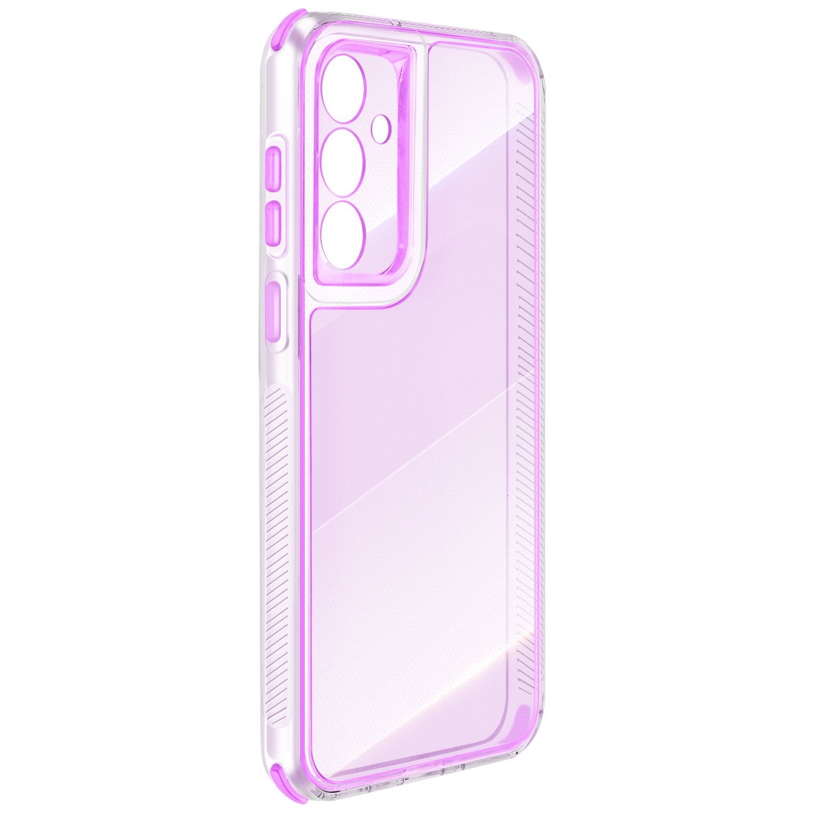 Una custodia trasparente per telefono con dettagli rosa. Ha ritagli per la fotocamera e i pulsanti. Lo sfondo è bianco.