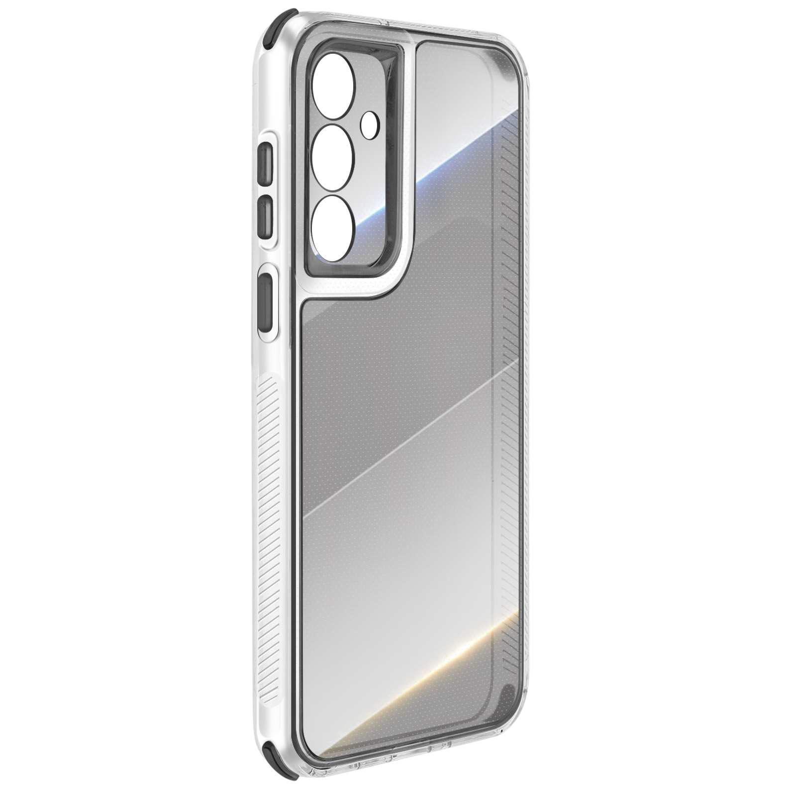 Una custodia trasparente per telefono con intaglio per fotocamera, pulsanti e lato testurizzato. È realizzata in plastica trasparente con accenti grigi.