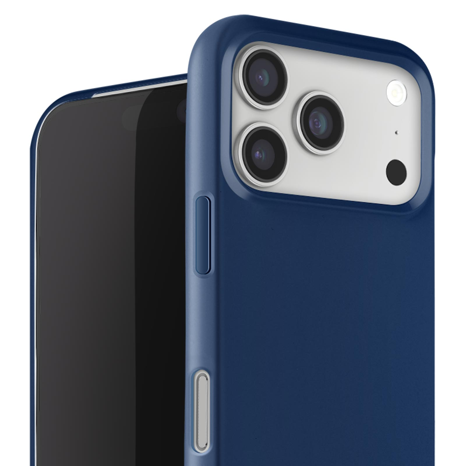 Una funda de teléfono azul oscuro en un teléfono. El teléfono tiene tres lentes de cámara. La pantalla es negra.