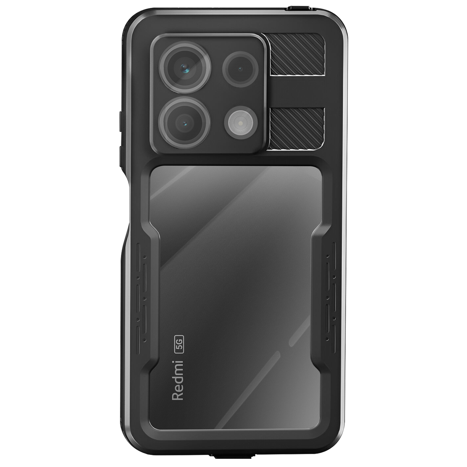 Una custodia nera per telefono con fori per la fotocamera, retro trasparente e logo Redmi 5G.
