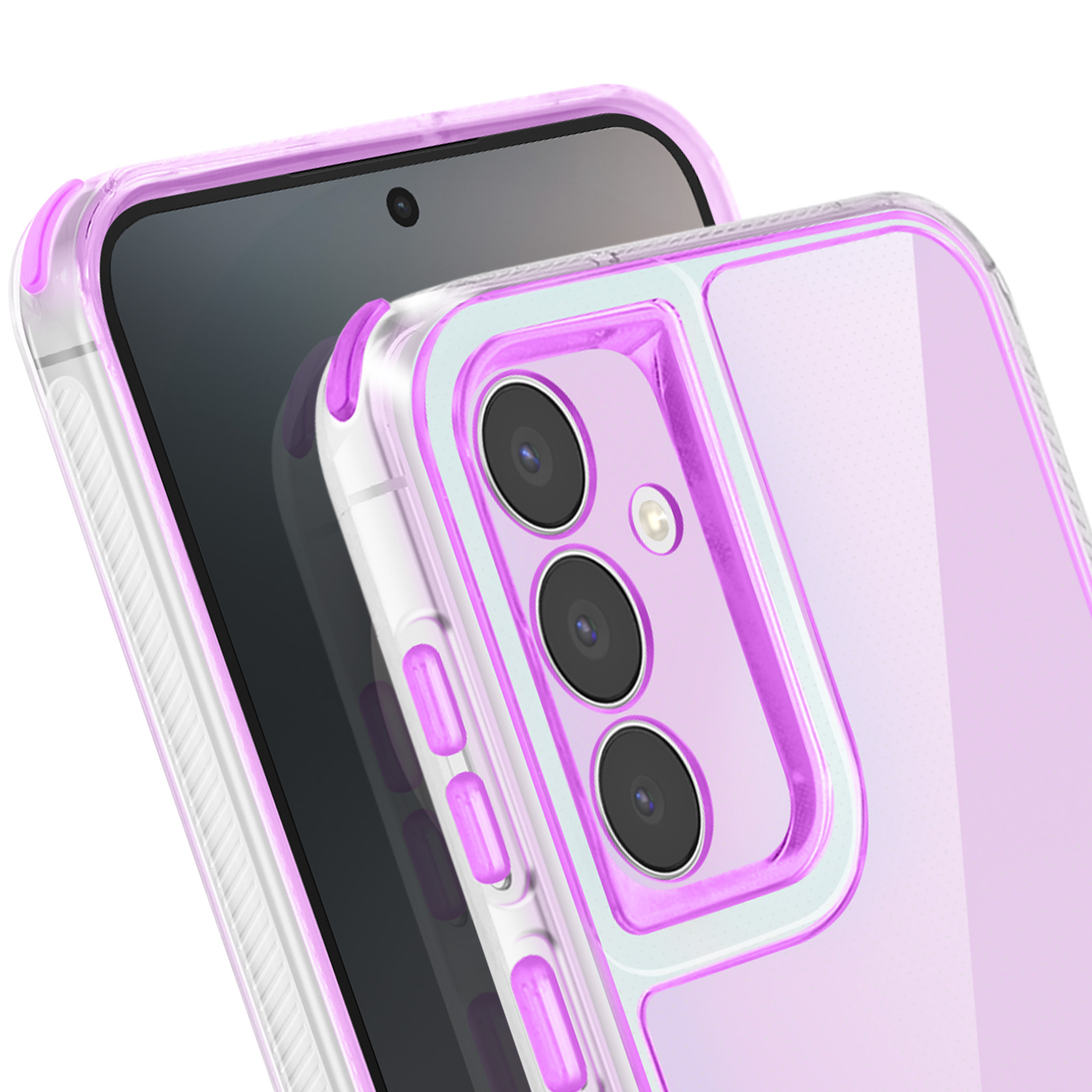 Primo piano di una custodia per telefono con un telefono. La custodia è trasparente con un bordo viola. Il telefono ha uno schermo nero.
