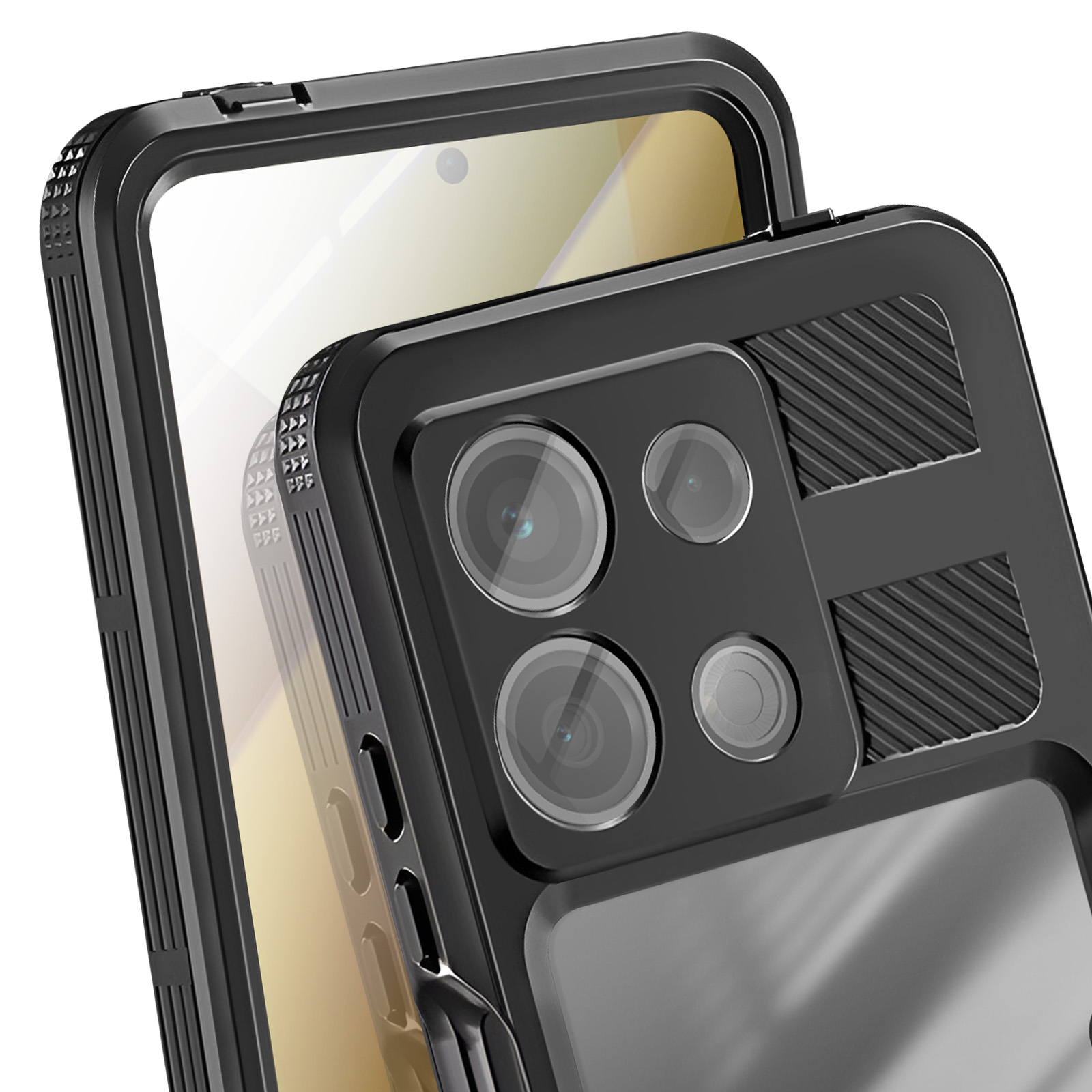 Custodia nera per telefono con più lenti della fotocamera. Schermo del telefono visibile. Design strutturato.