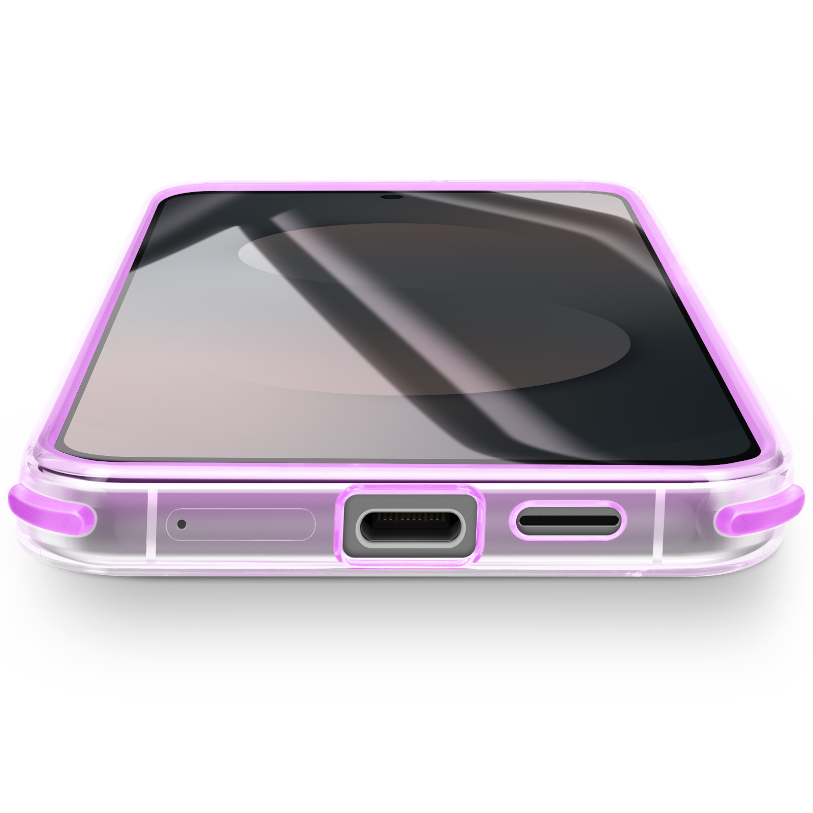 Una custodia trasparente con bordo rosa, che incornicia uno schermo del telefono. Lo sfondo è bianco.