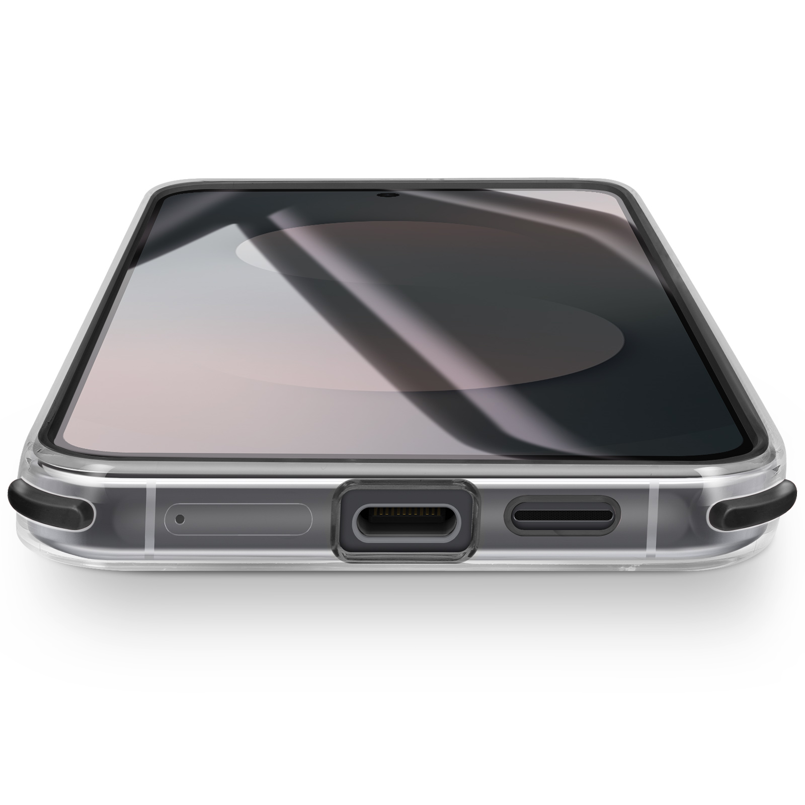 Un telefono in una custodia trasparente. Lo schermo mostra un riflesso. La parte inferiore ha porte e uno slot di ricarica. Lo sfondo è bianco.
