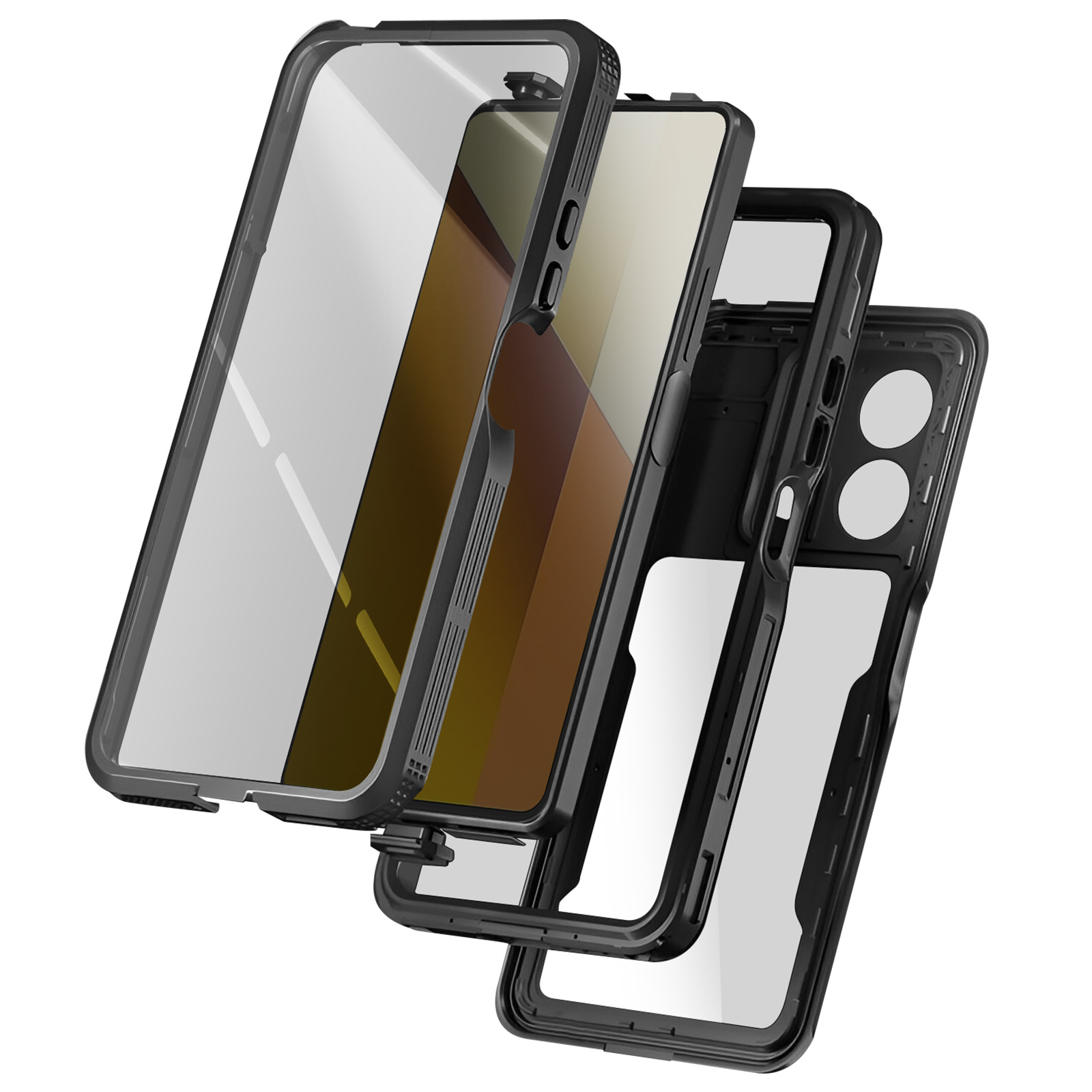 Vista esplosa di una custodia per telefono. Le parti sono nere, trasparenti e a forma di smartphone.