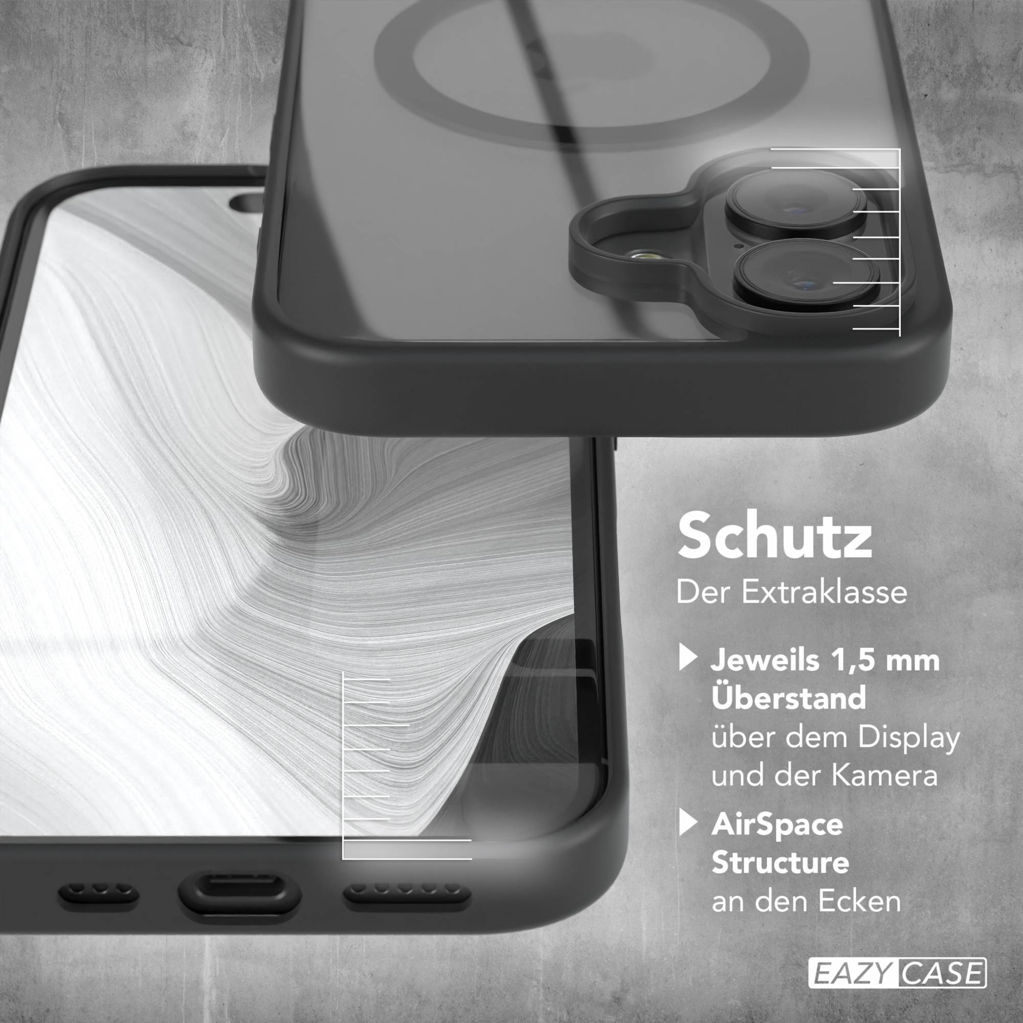 Gezeigt wird eine Handyhülle mit Details zu ihren Schutzeigenschaften. Text beinhaltet 'Schutz' und das 'EAZY CASE' Logo.
