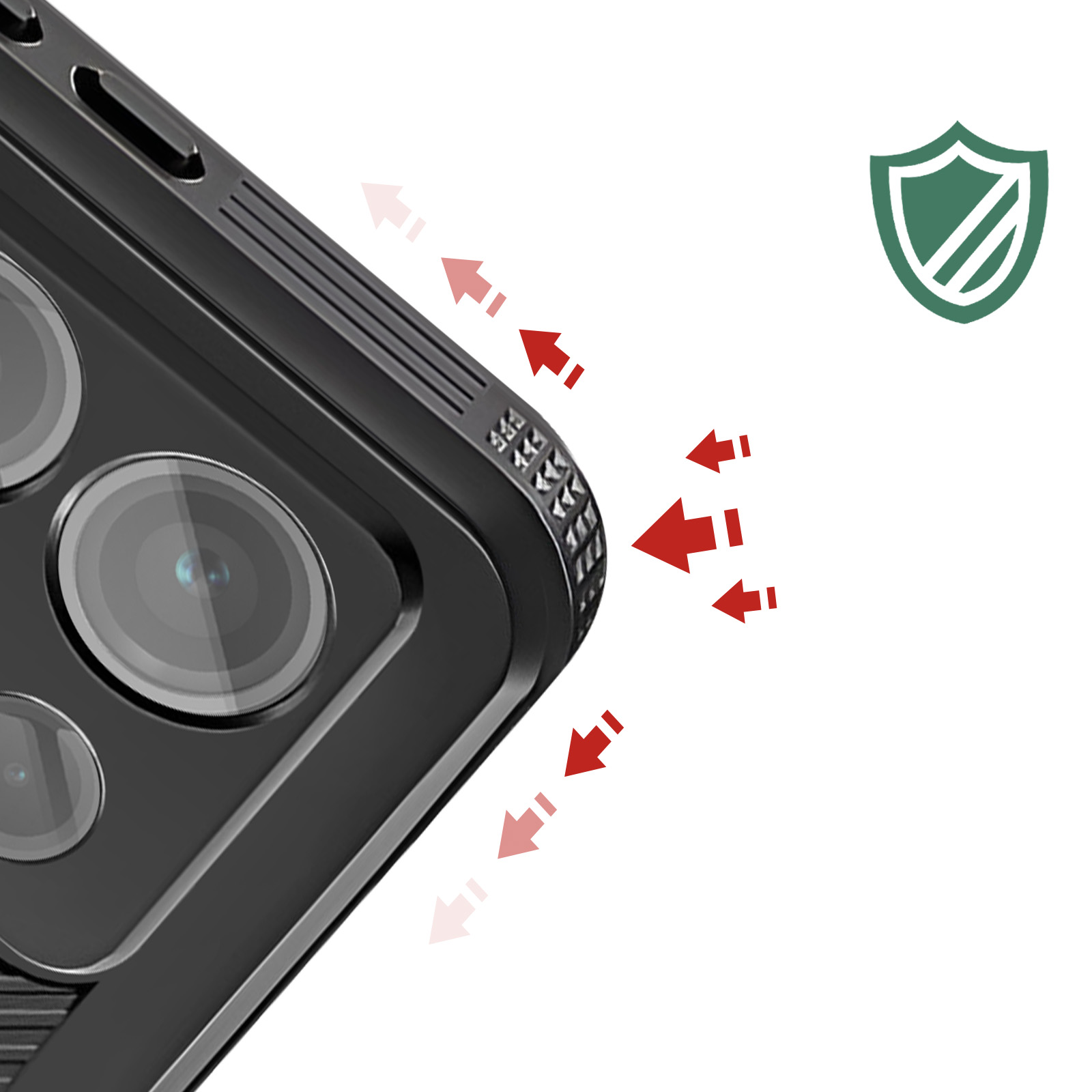 Custodia nera per telefono con lenti della fotocamera, frecce rosse che indicano il flusso d'aria e icona scudo verde su sfondo bianco.
