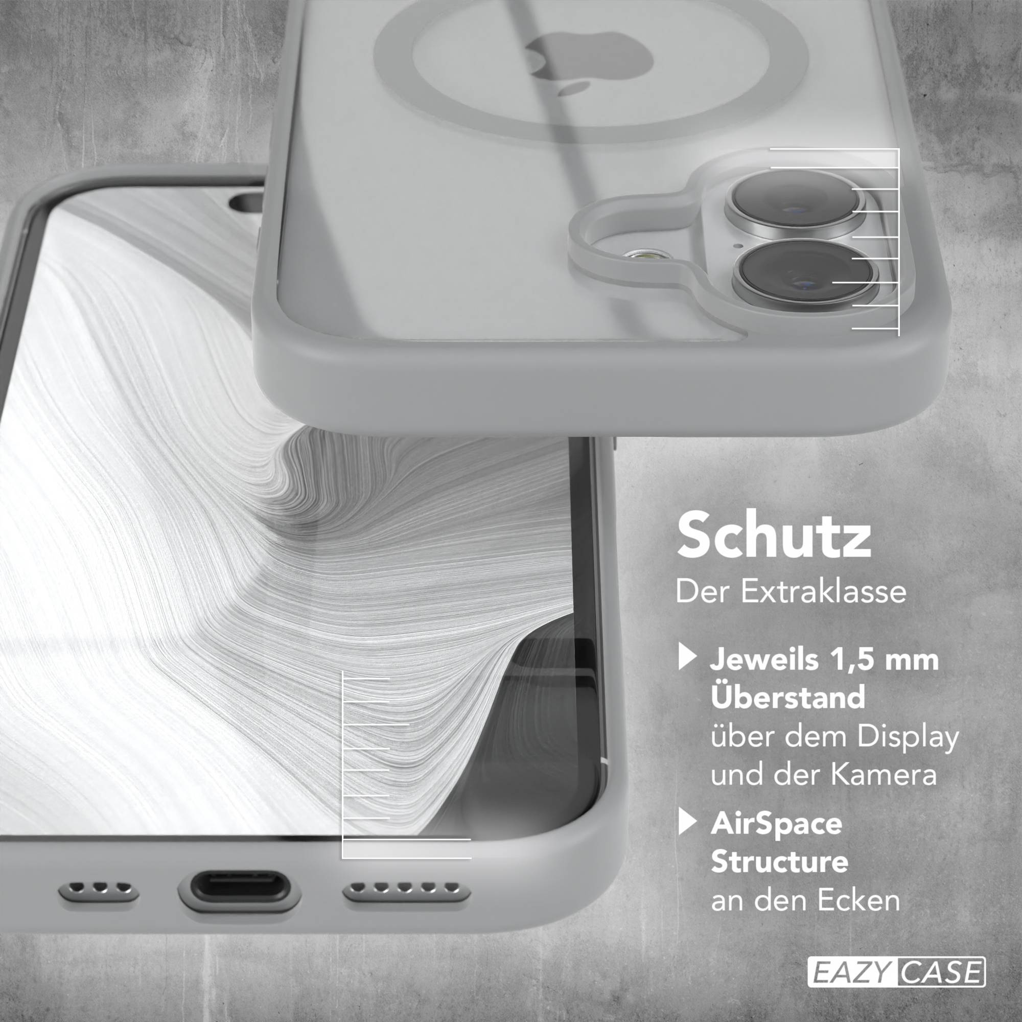 Eine Handyhülle mit einem iPhone darin. Die Hülle ist transparent und zeigt die Rückseite und die Kamera des Telefons.