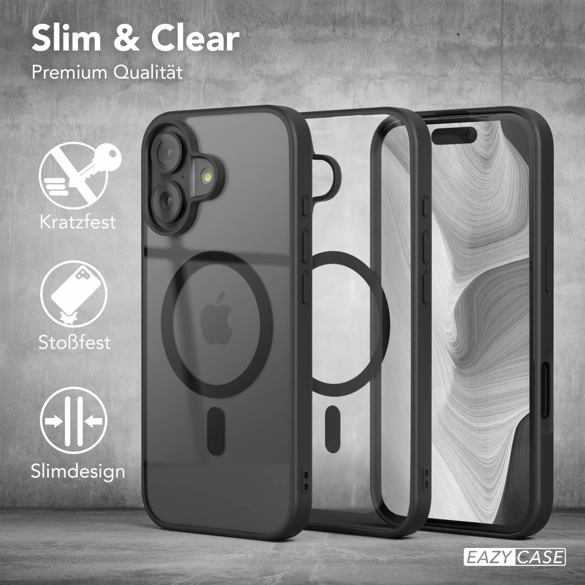 Drei Handyhüllen: schwarz, transparent und ein Telefon. Text: Slim & Clear, Premium Qualität, Kratzfest, Stoßfest, Slimdesign.