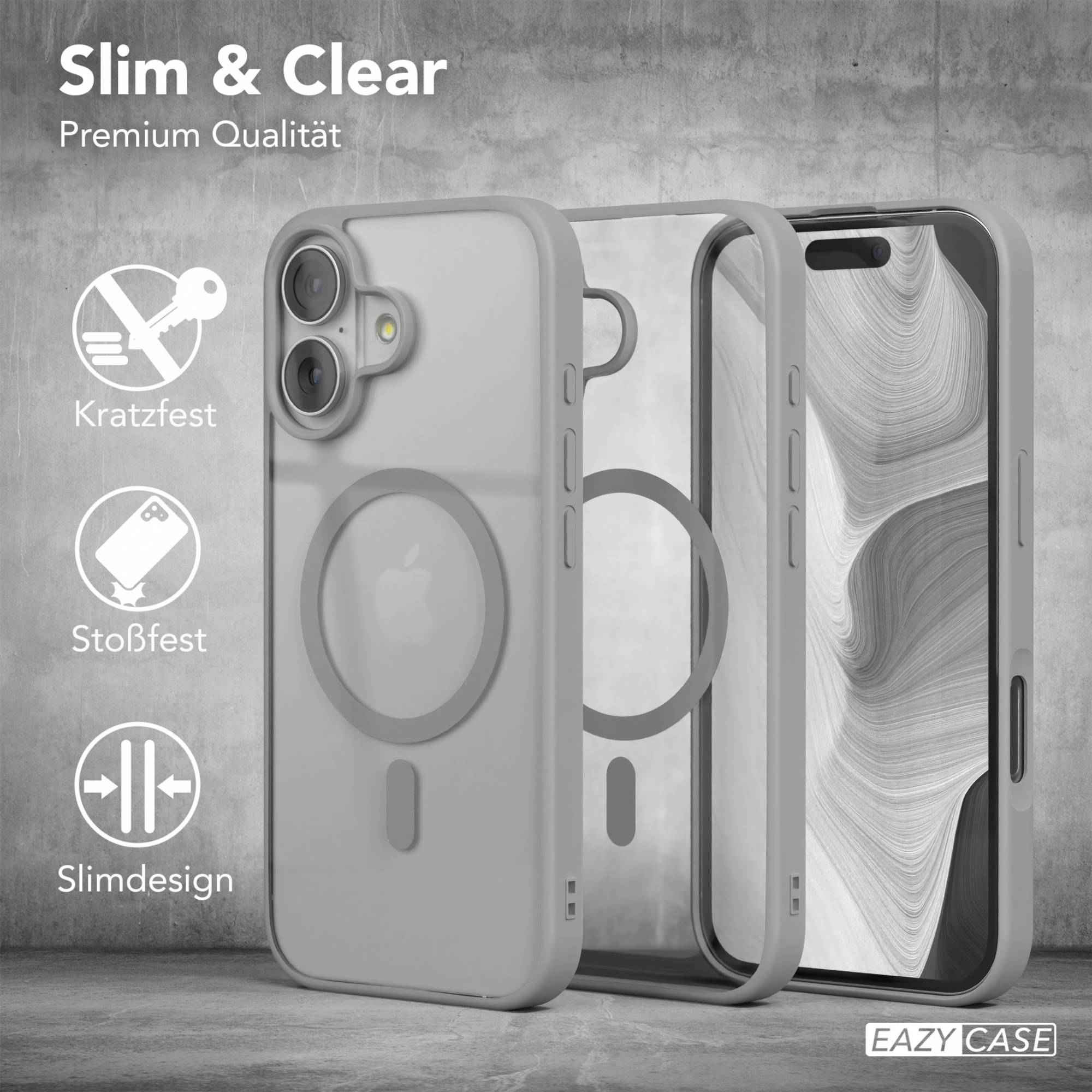 Das Bild zeigt Handyhüllen mit dem Telefon darin vor einem grauen Hintergrund. Der Text lautet Slim & Clear, Premium Qualität, Eazy Case.