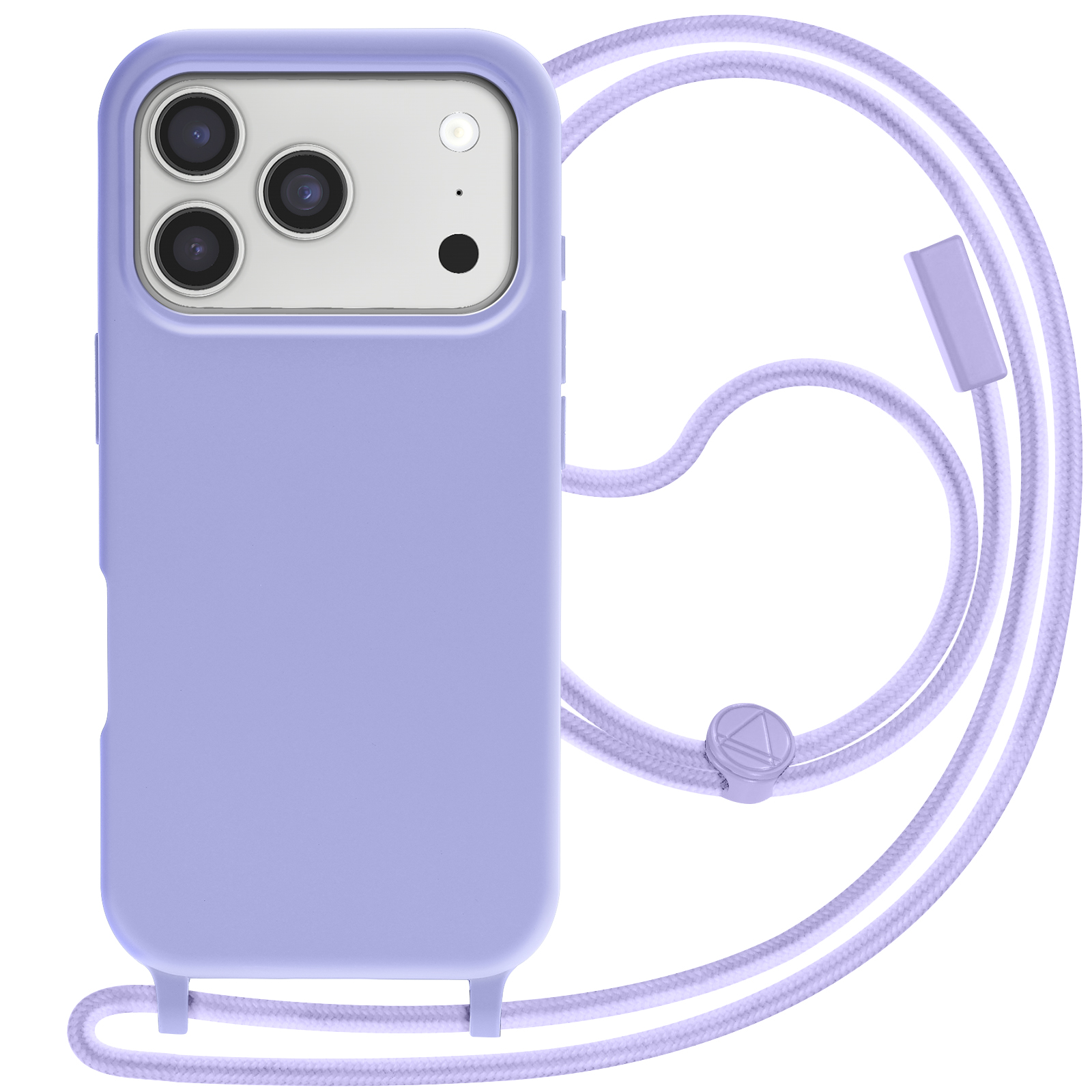 Una funda de teléfono lavanda con un cordón a juego. La funda tiene recortes para la cámara. El cordón tiene un cierre y características ajustables.