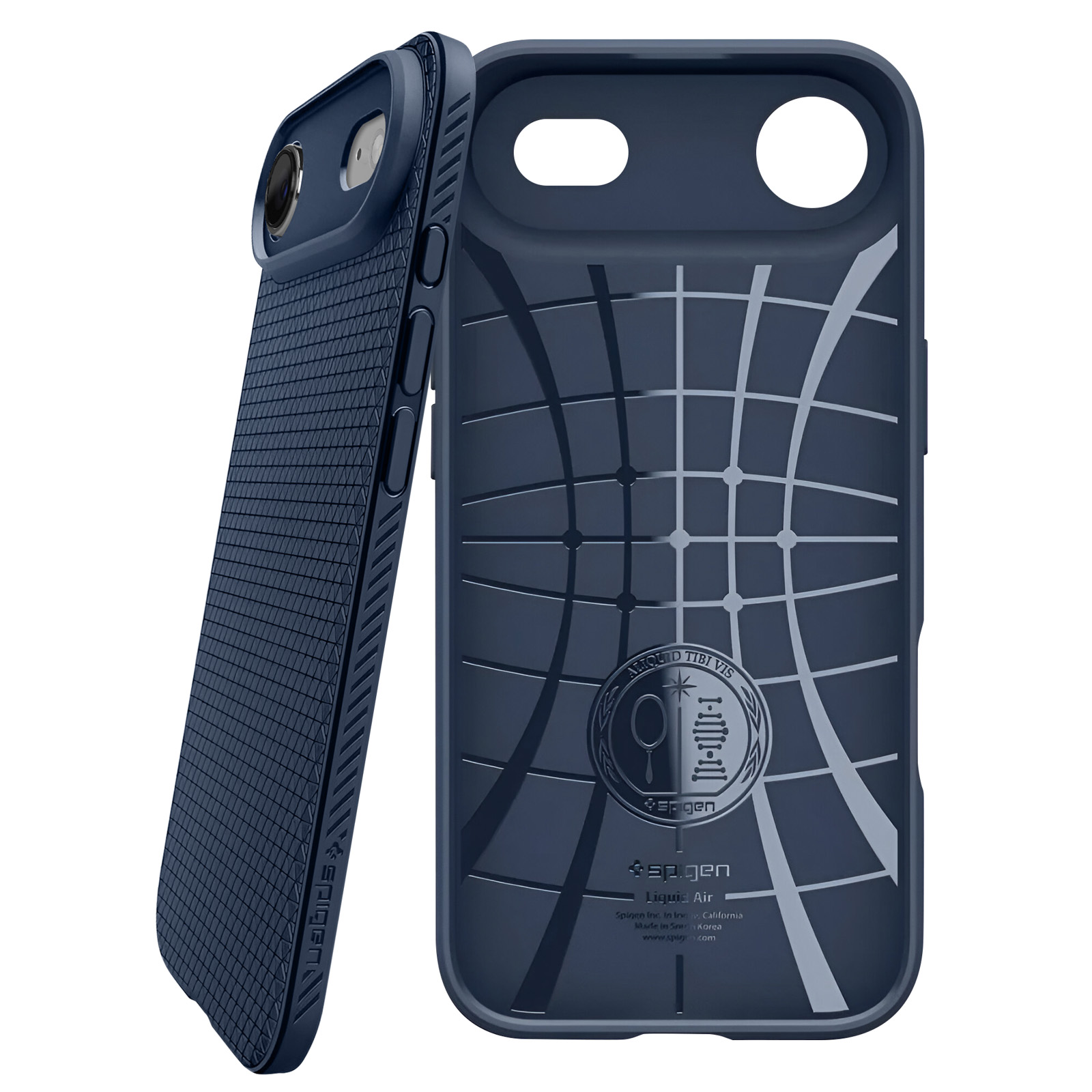 Custodia blu navy per telefono, due pezzi, uno con retro strutturato e l'altro con motivo a griglia all'interno. Logo Spigen.