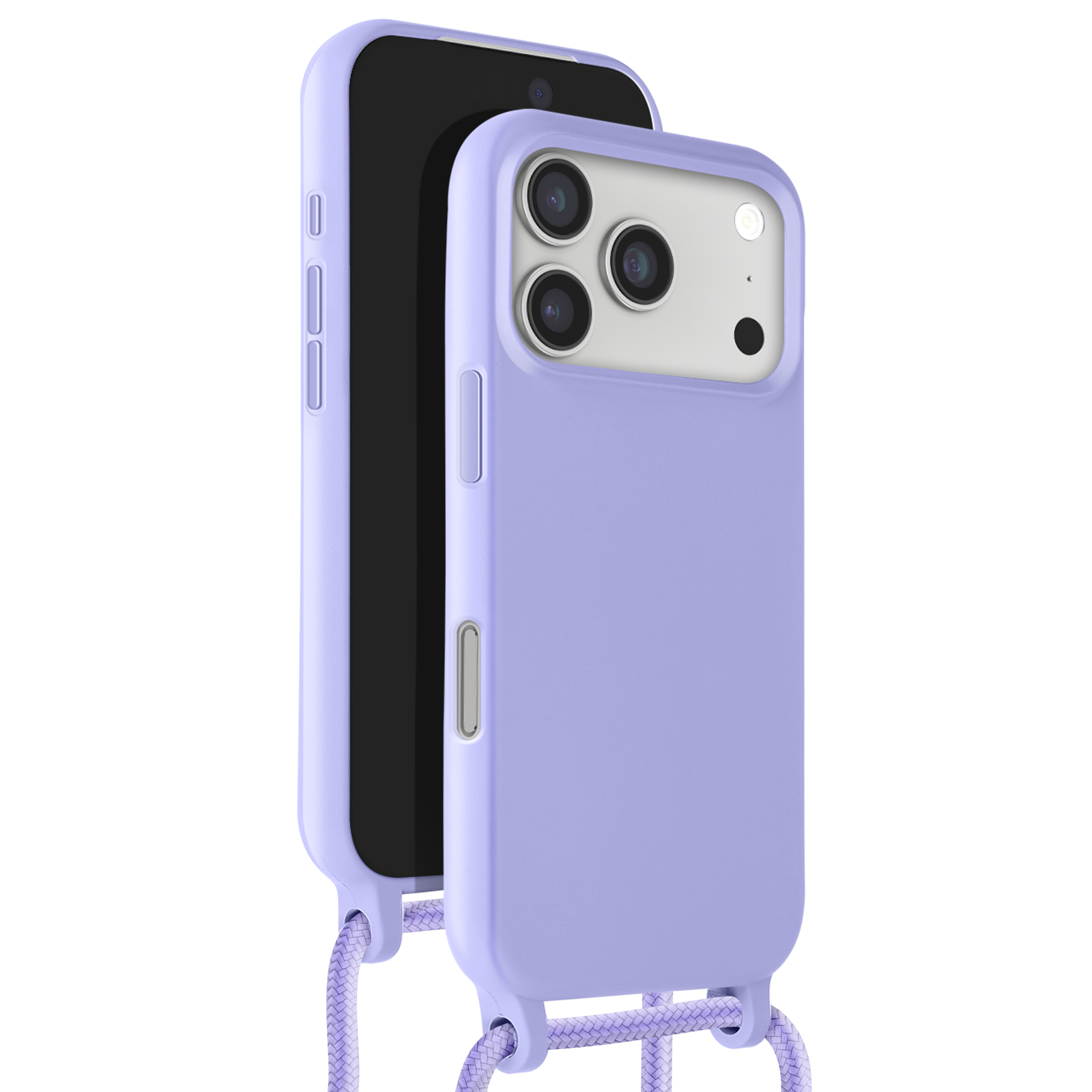 Dos teléfonos en fundas lavanda con protuberancia de cámara y cordón. Pantallas negras visibles.
