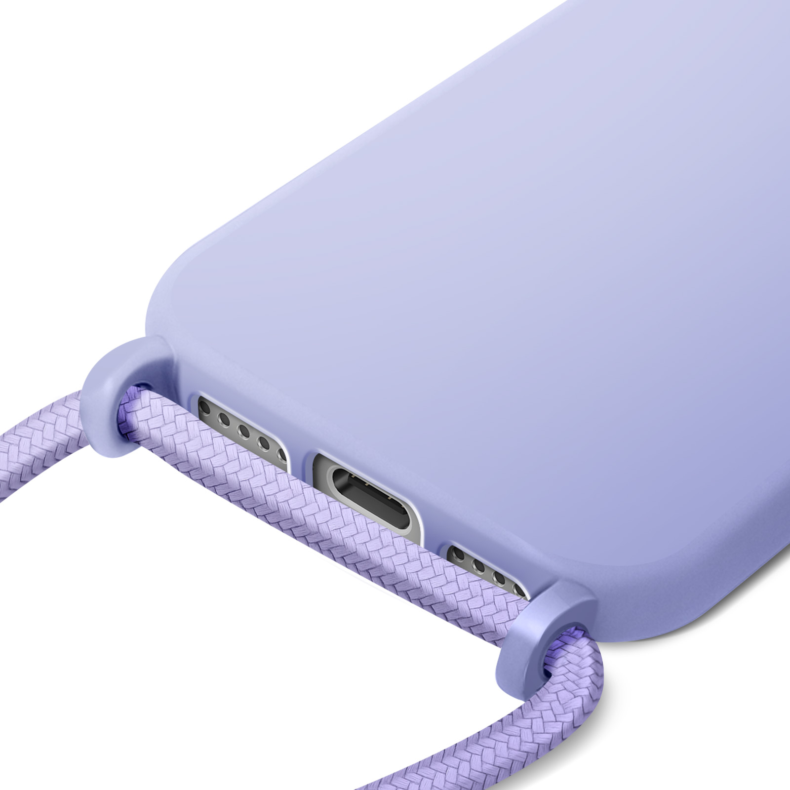 Primer plano de una funda de teléfono lila con una correa trenzada. La funda tiene aberturas para puertos y botones. Fondo blanco.