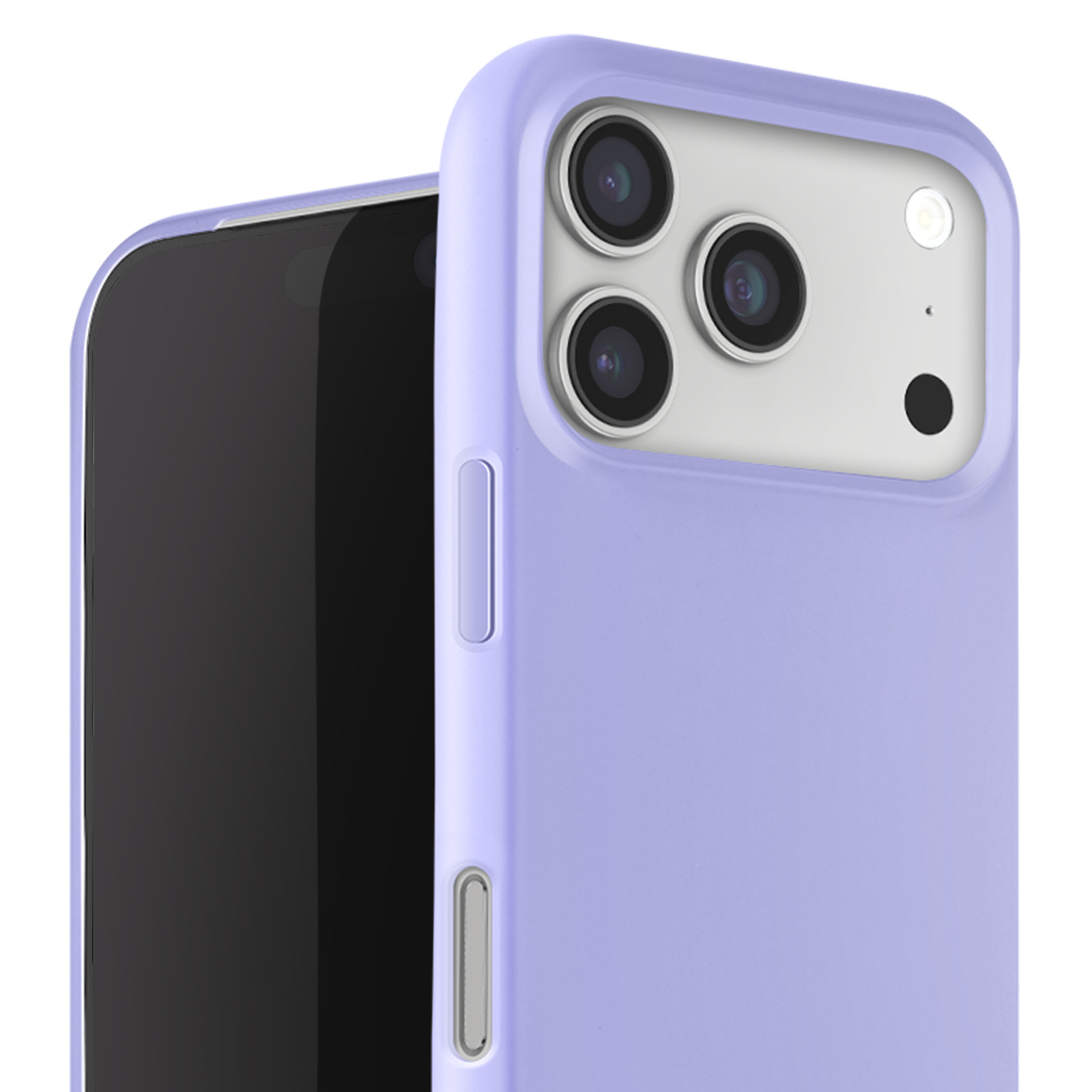 Primer plano de un teléfono en una funda lila. El teléfono tiene una pantalla negra y una cámara de triple lente.