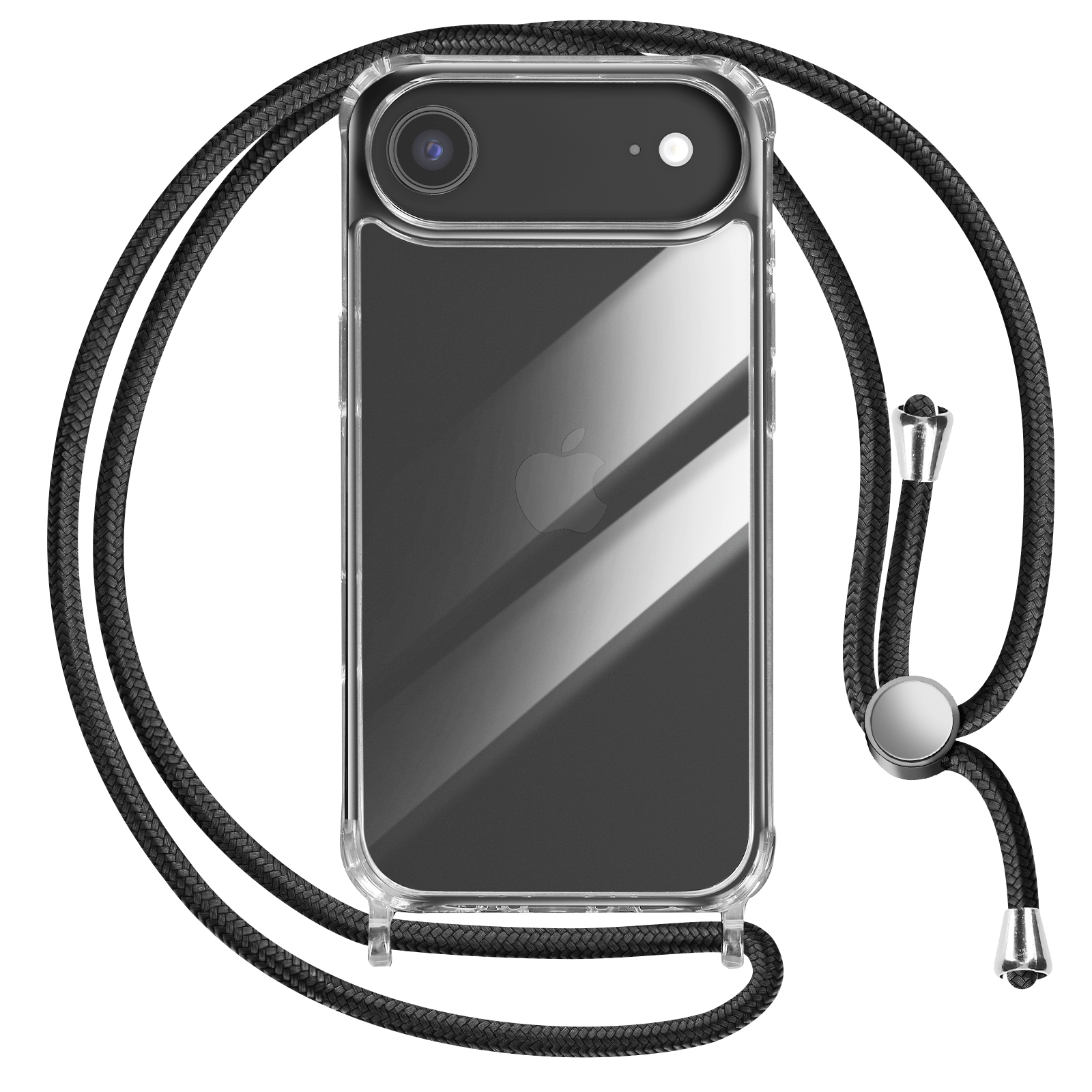 Une coque de téléphone transparente avec un cordon noir. La coque a une caméra et un flash. Le cordon a des détails métalliques.