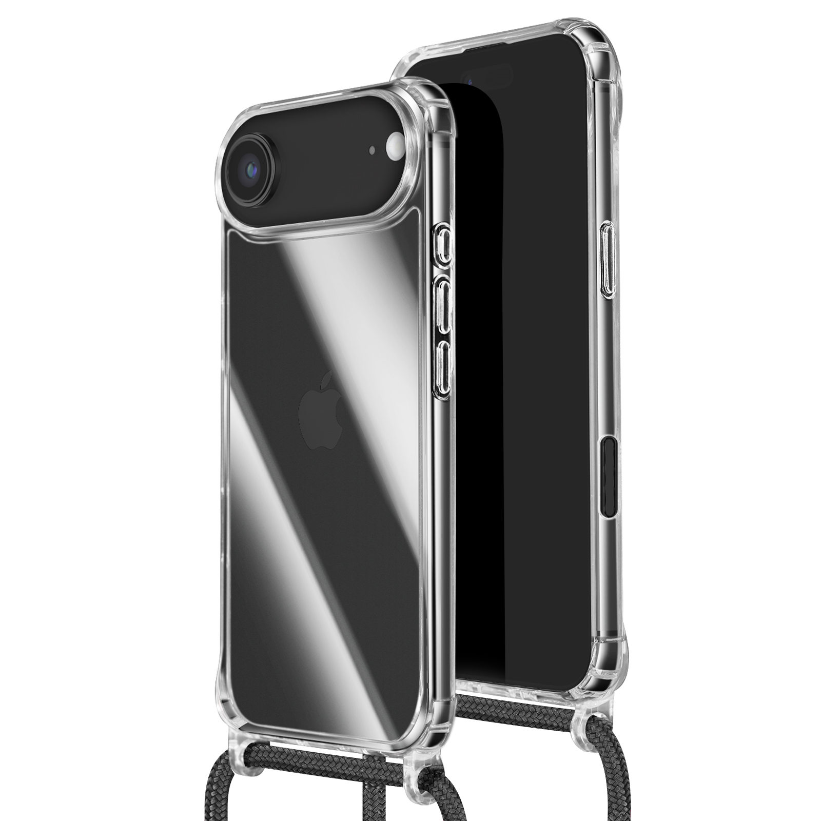 Deux smartphones dans des étuis transparents, écrans noirs, logo Apple visible. Un cordon noir est attaché à chaque étui.