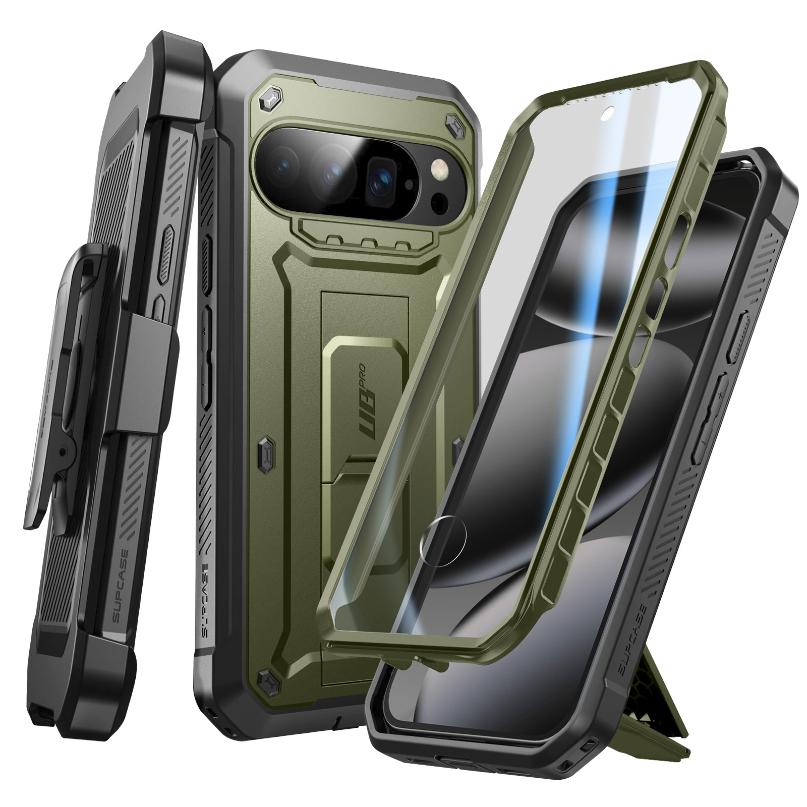 Custodia per telefono verde oliva con protezione schermo, clip e supporto. Dettagli neri. Design protettivo.