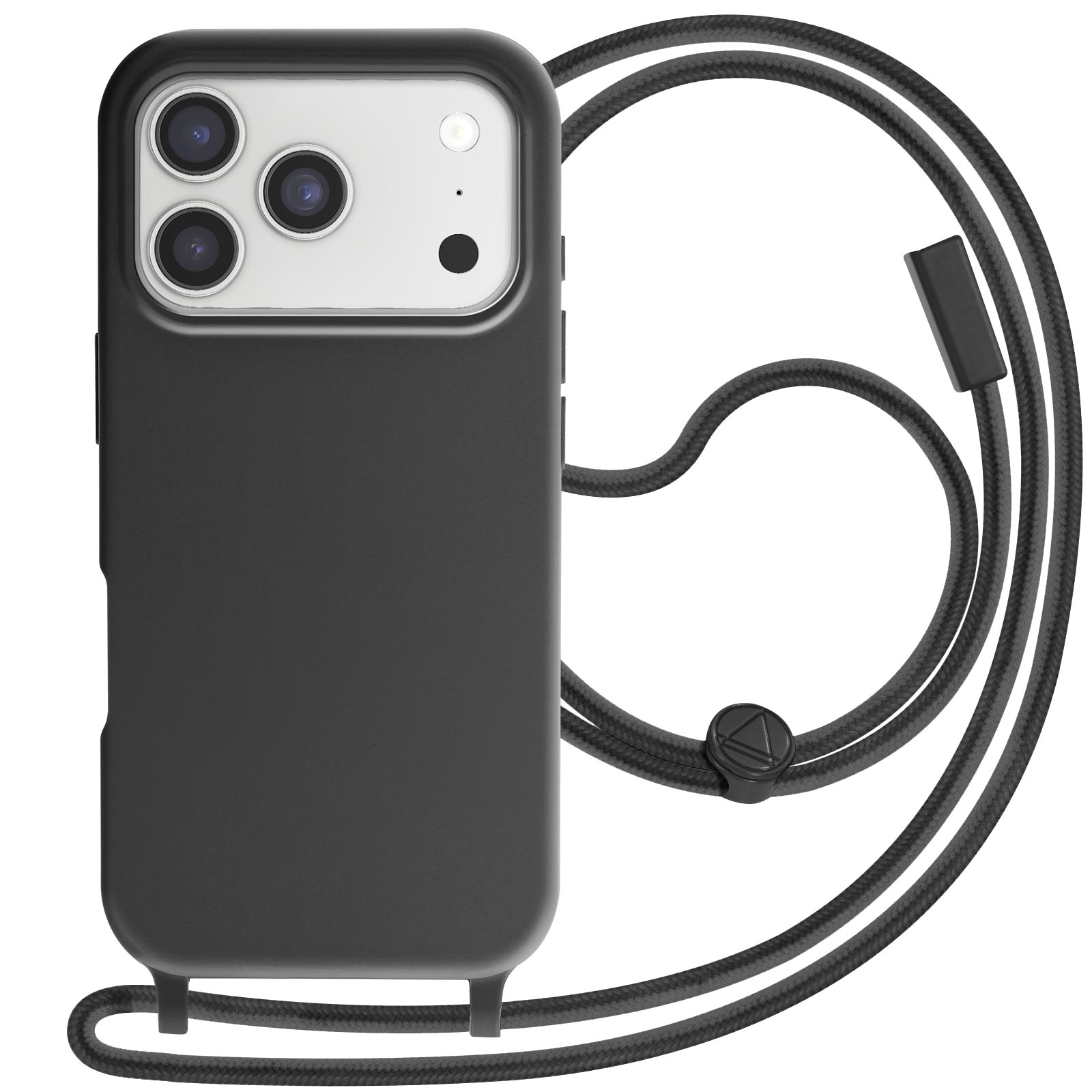 Coque de téléphone noire avec objectifs d'appareil photo et cordon noir. Le cordon a un ajusteur en plastique et un petit triangle en plastique.