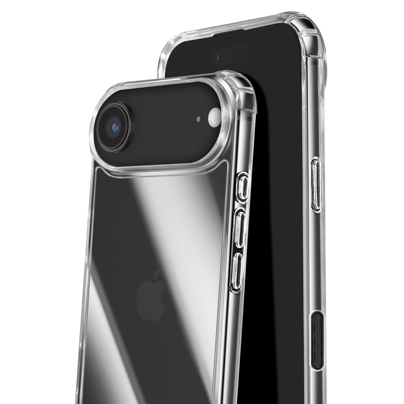 Deux coques de téléphone transparentes, une avec découpe caméra, présentant un téléphone noir. Logo Apple visible.