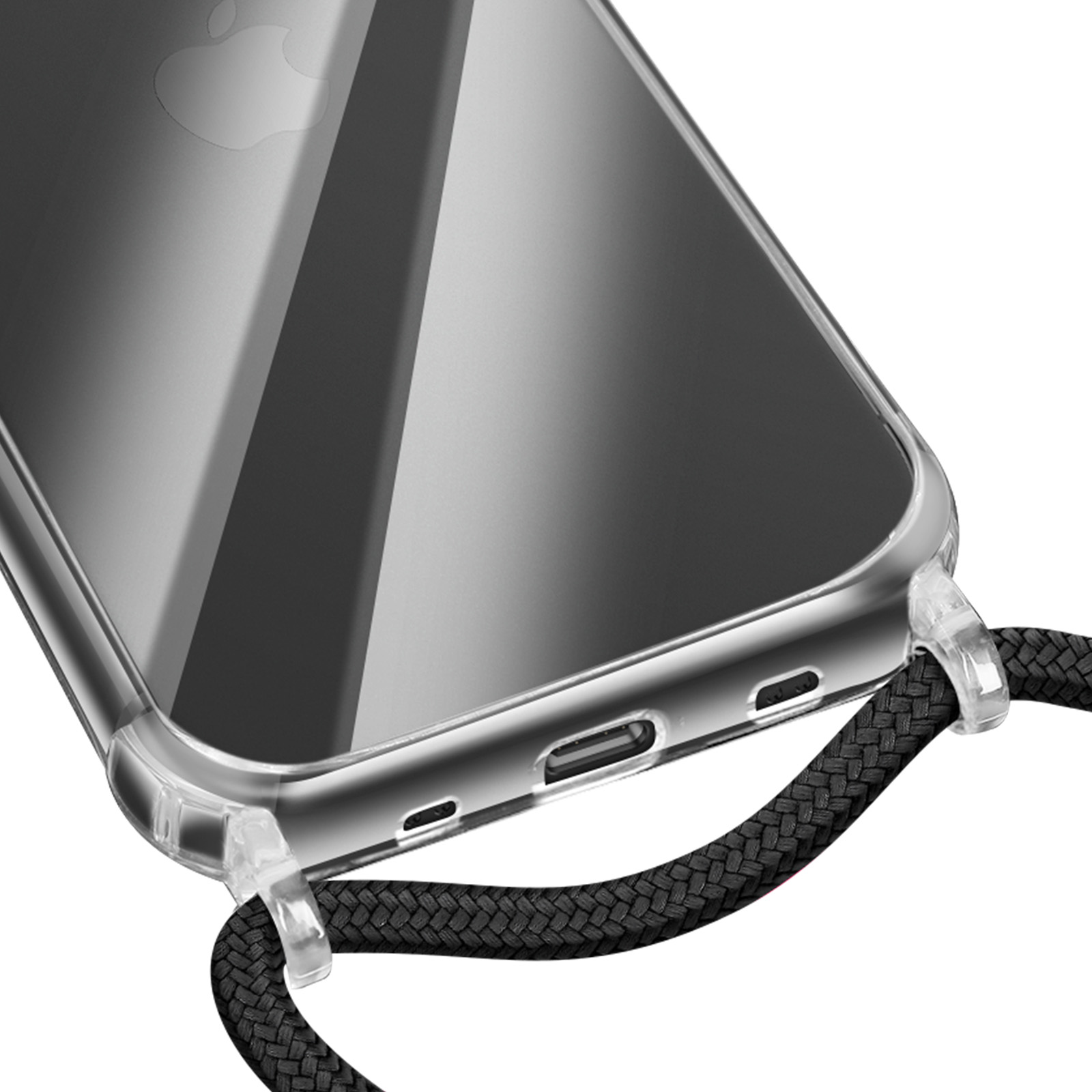 Gros plan d'un téléphone dans un étui transparent avec une lanière tressée noire attachée. Le téléphone a un logo Apple.
