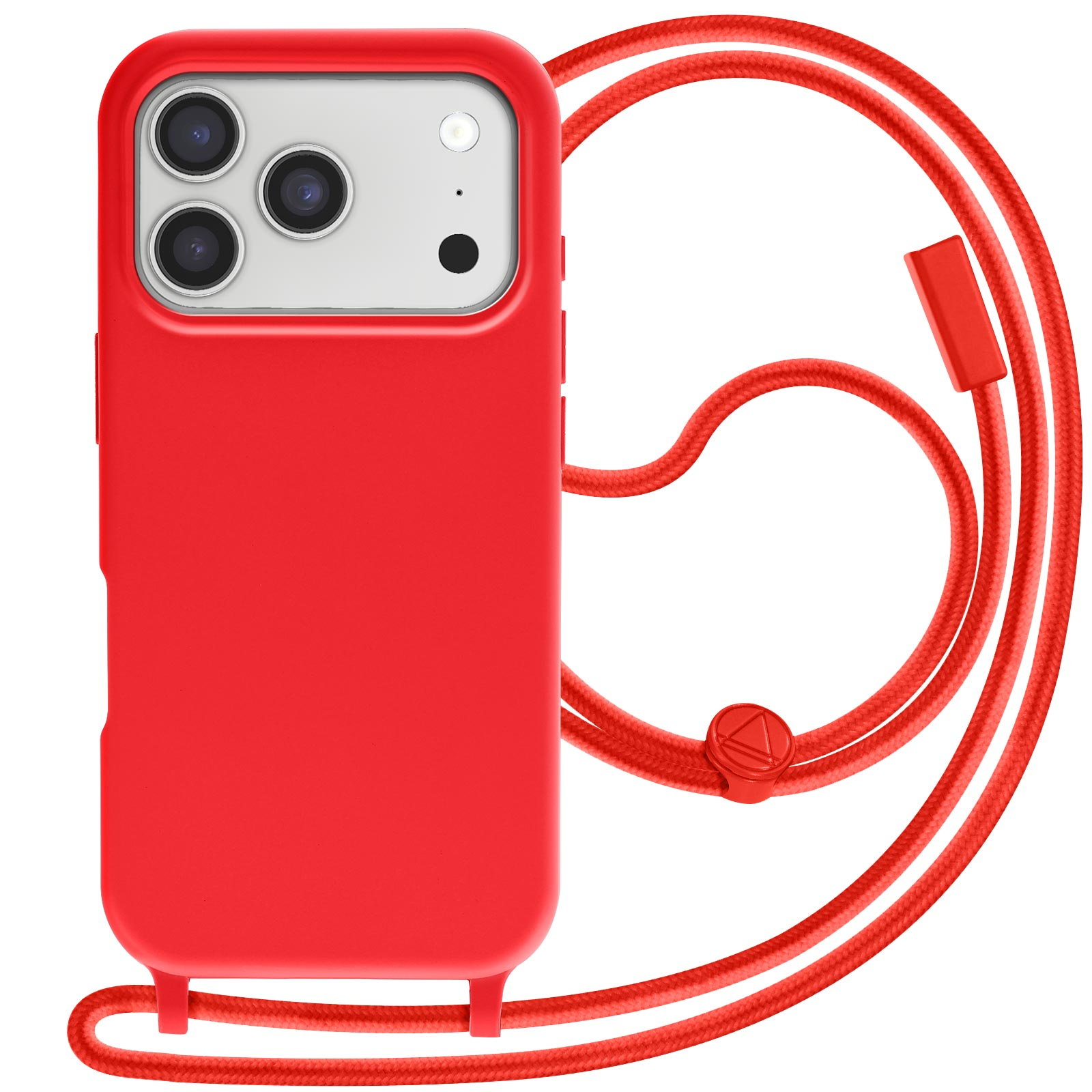 Coque de téléphone rouge avec cordon assorti. L'étui comporte trois lentilles d'appareil photo. Le cordon est une grosse corde tissée.