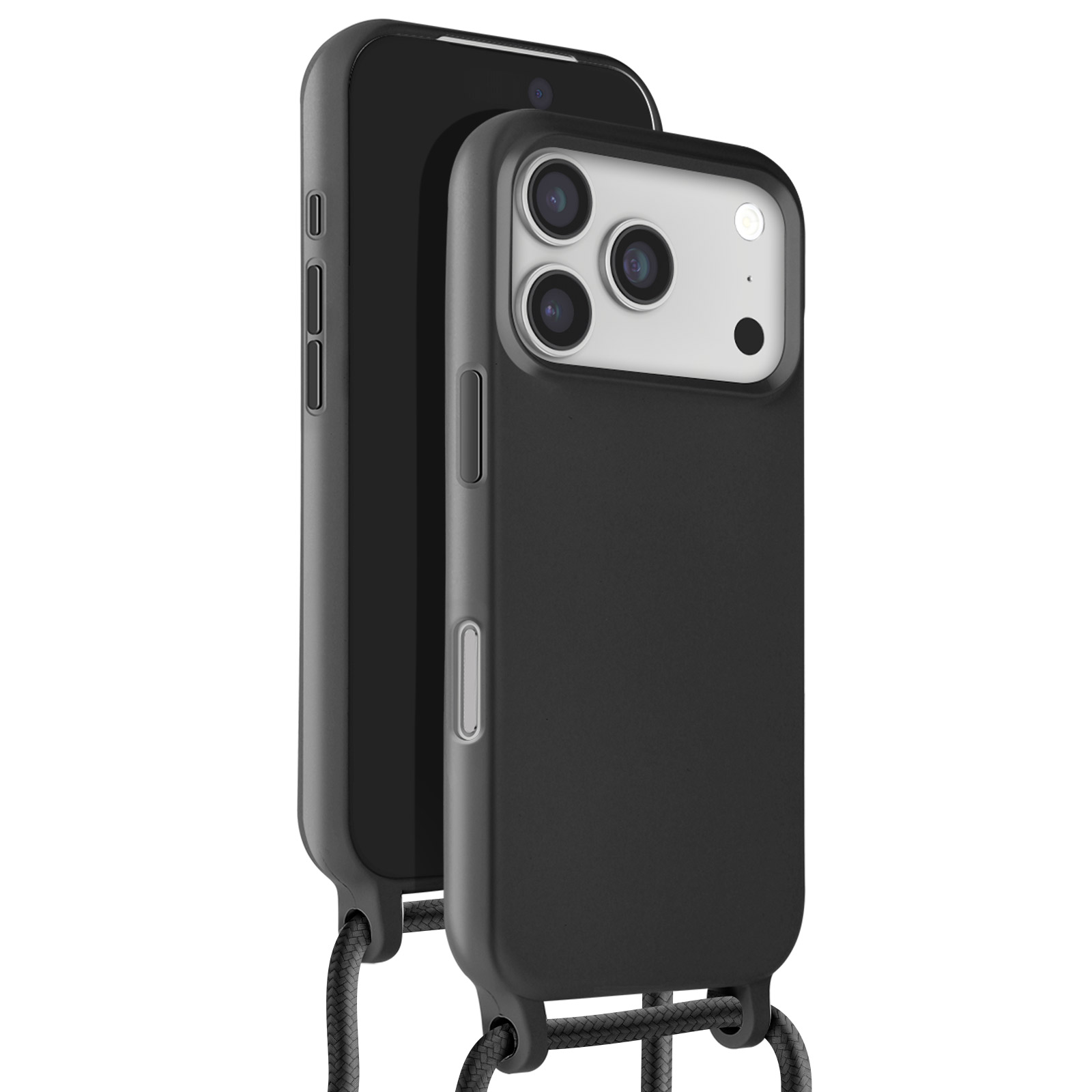 Deux étuis de téléphone noirs avec un téléphone à l'intérieur, reliés par une corde noire. Les étuis ont des boutons et des découpes pour la caméra.