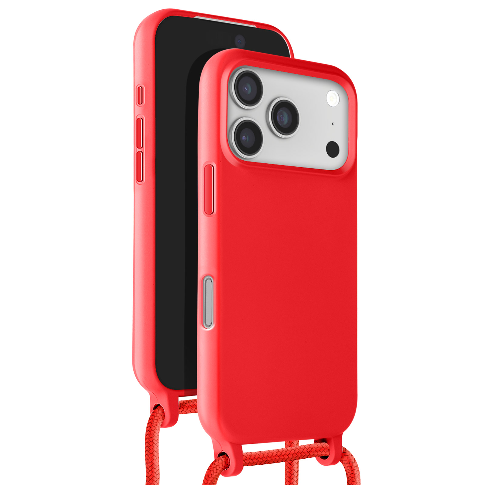 Un étui de téléphone rouge avec un téléphone à l'intérieur est montré. L'étui a une lanière. Le téléphone est noir.