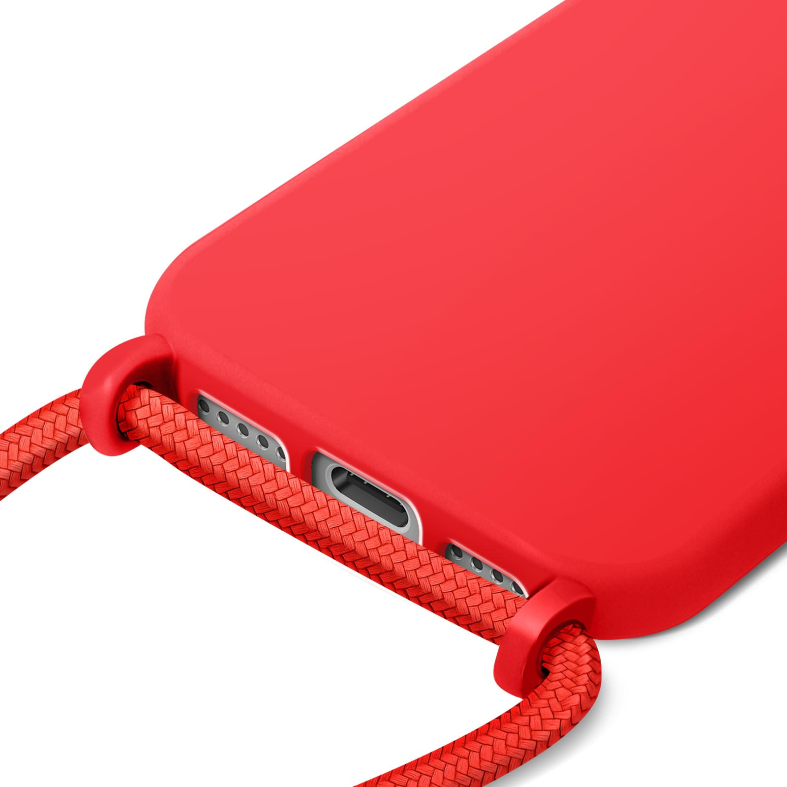 Un étui de téléphone rouge avec une sangle rouge tissée est présenté. L'étui comporte des ouvertures pour les ports et les boutons.