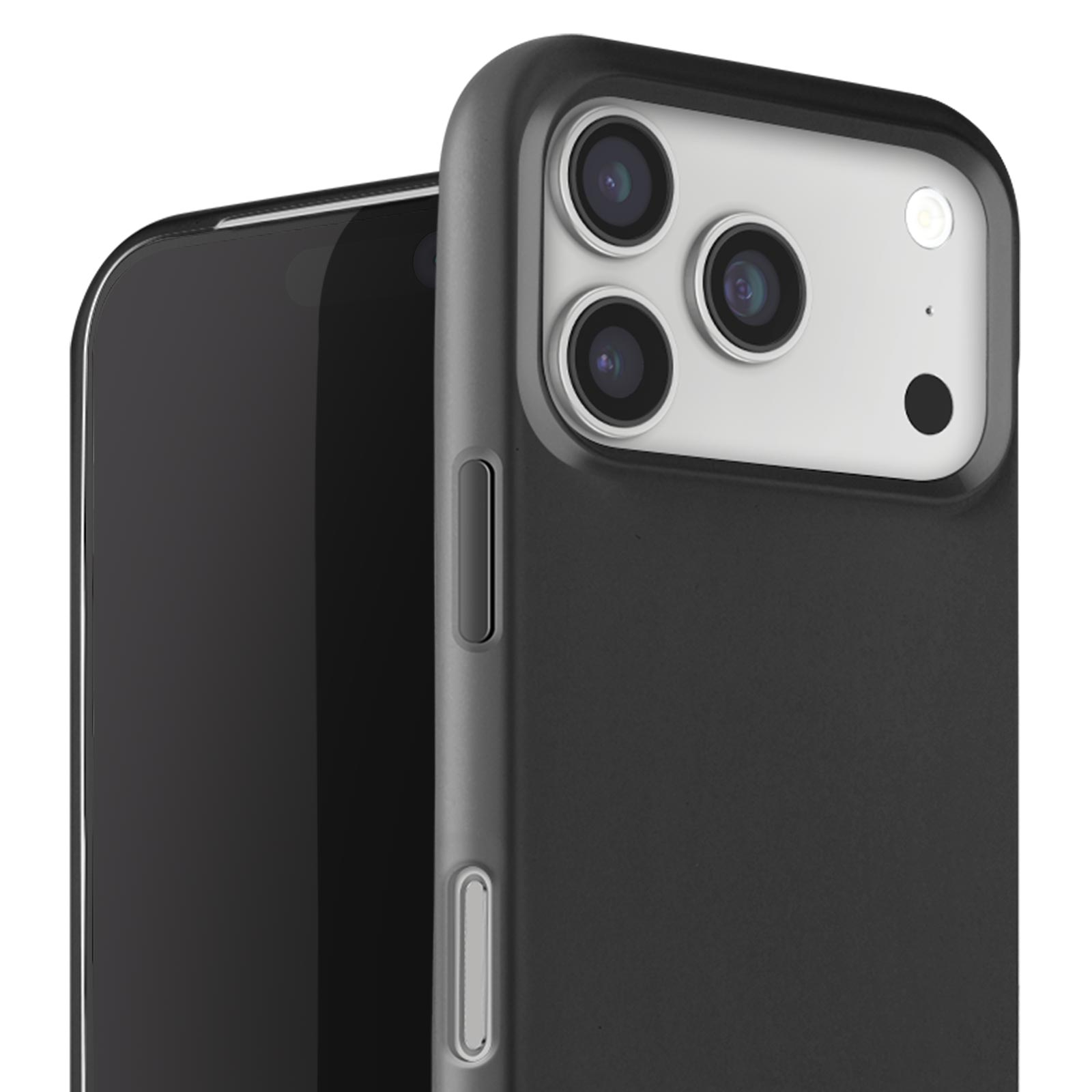 Gros plan d'un smartphone noir dans un étui noir. Objectifs de caméra visibles à l'arrière.