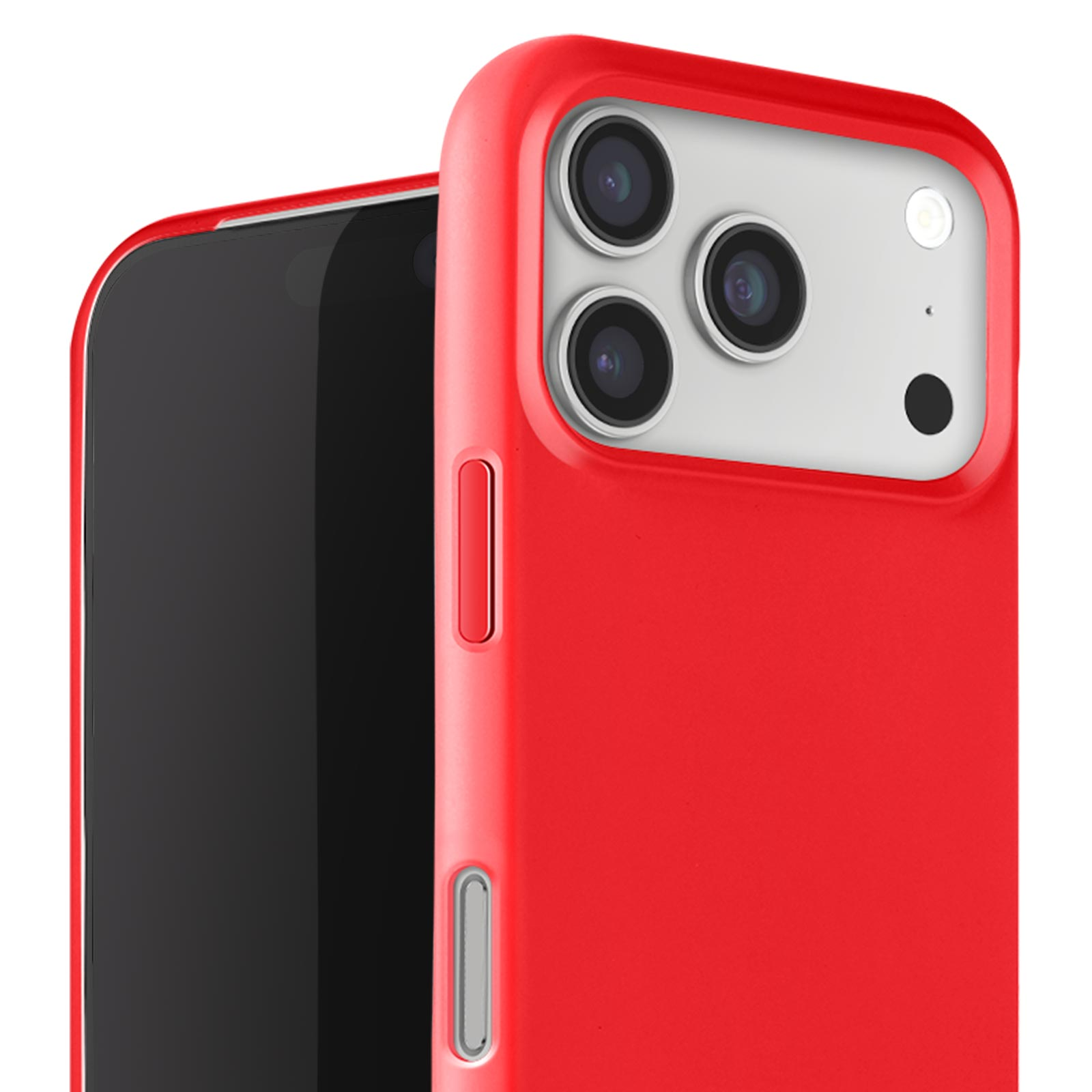 Gros plan sur un étui de téléphone rouge avec un écran noir. L'étui a trois lentilles de caméra et un fond blanc.