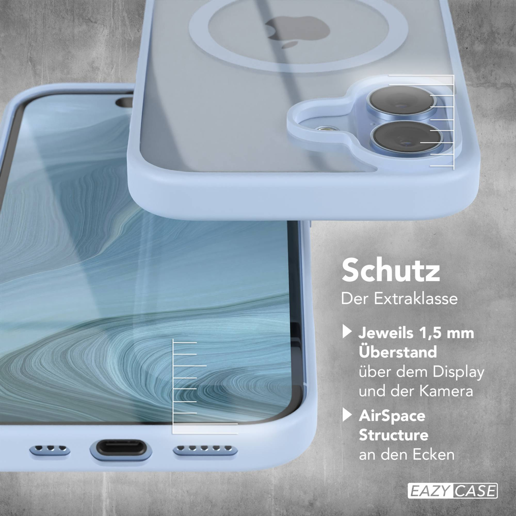 Eine hellblaue Handyhülle mit einem Telefon. Die Hülle hat einen Kameraausschnitt. Text: Schutz, Der Extraklasse.