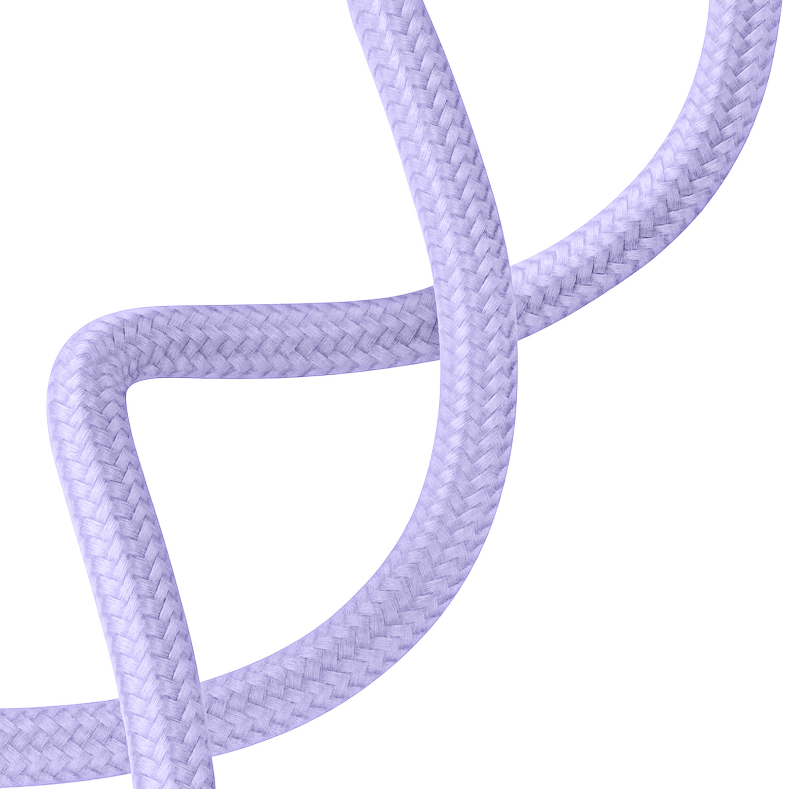 Gros plan d'un câble tressé violet clair sur fond blanc, formant une boucle.