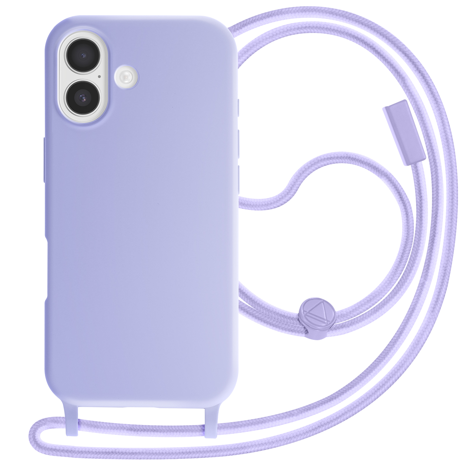 Une coque de téléphone lavande avec un cordon assorti. L'étui a deux objectifs de caméra. Le cordon a un connecteur avec un logo triangulaire.