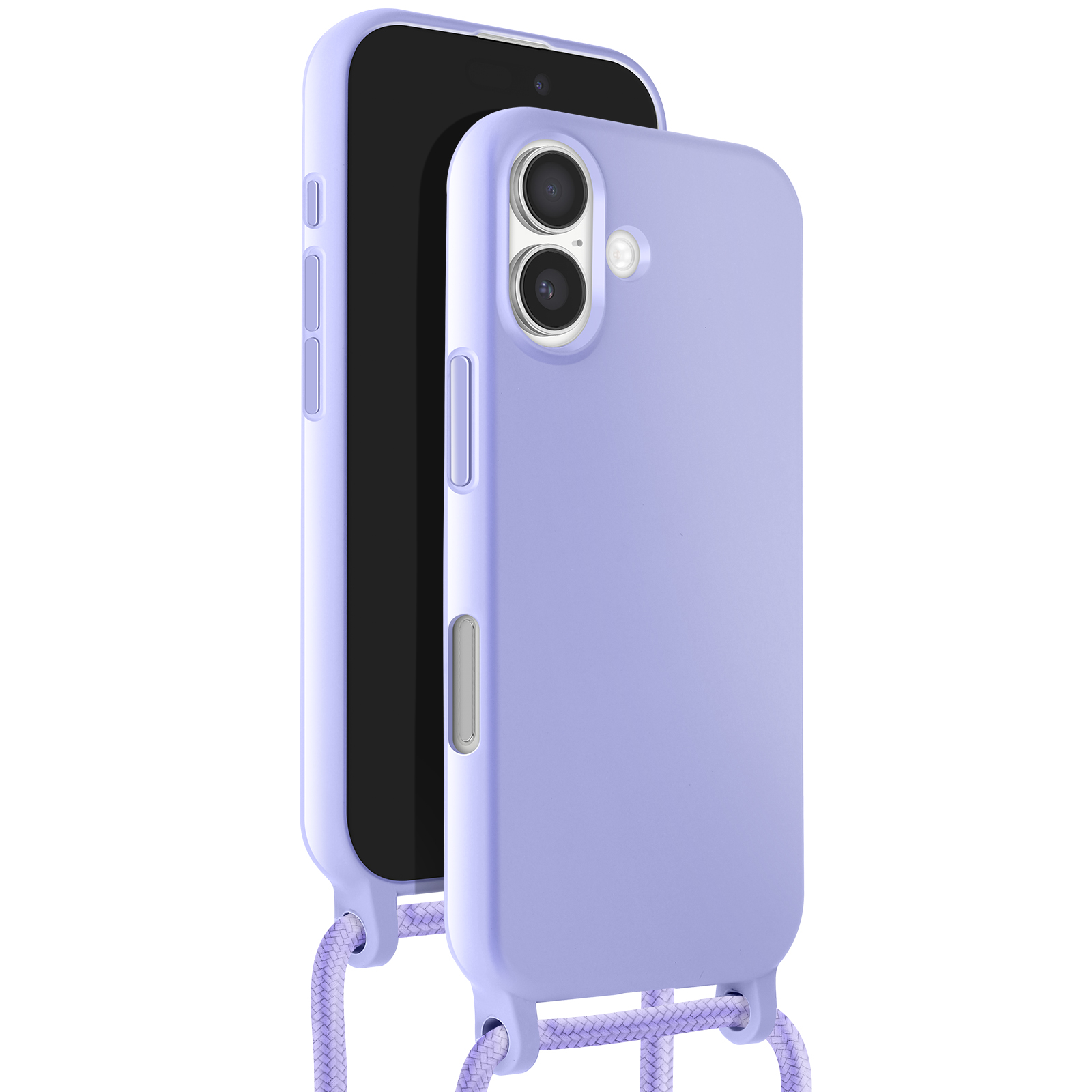 Un étui de téléphone lavande avec un écran noir à l'intérieur et une corde lavande.