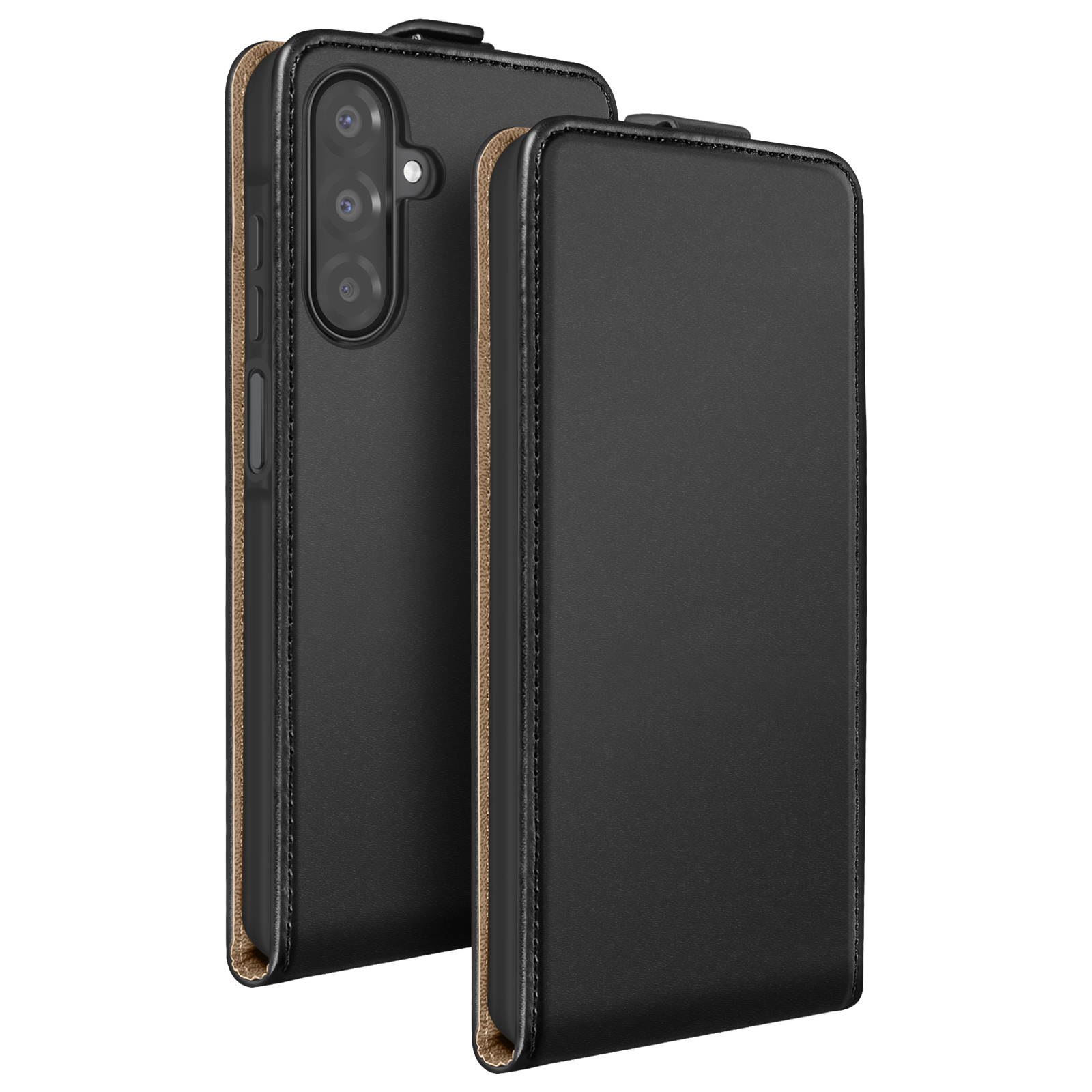 Custodia nera per telefono con coperchio aperto. Il telefono è visibile sul lato sinistro. È visibile la fodera beige.