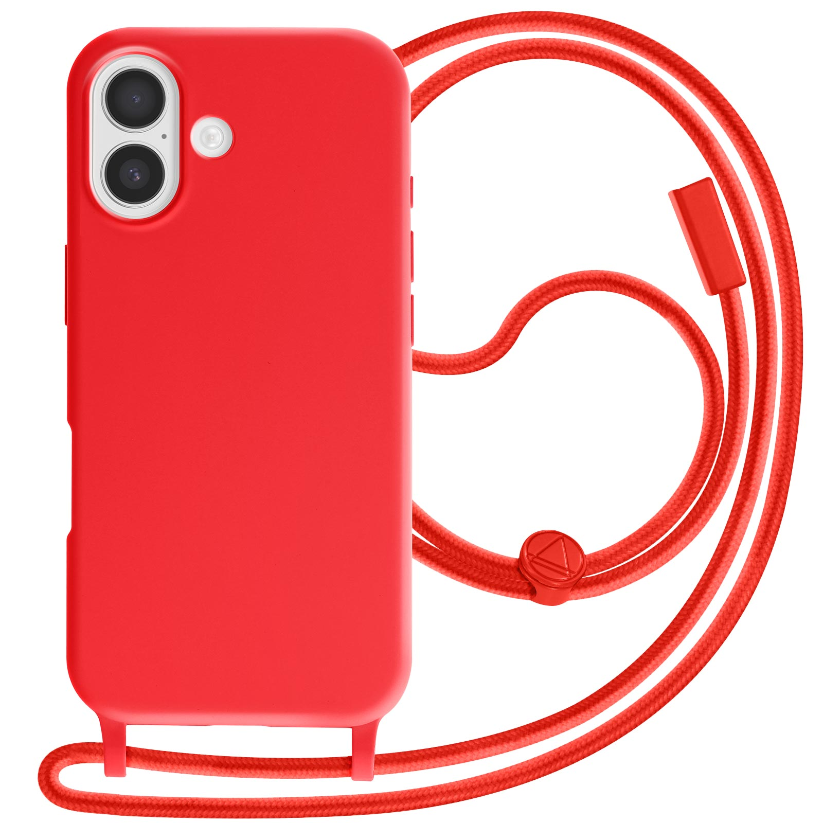 Coque de téléphone rouge avec cordon assorti. L'étui a deux caméras. Fond blanc.