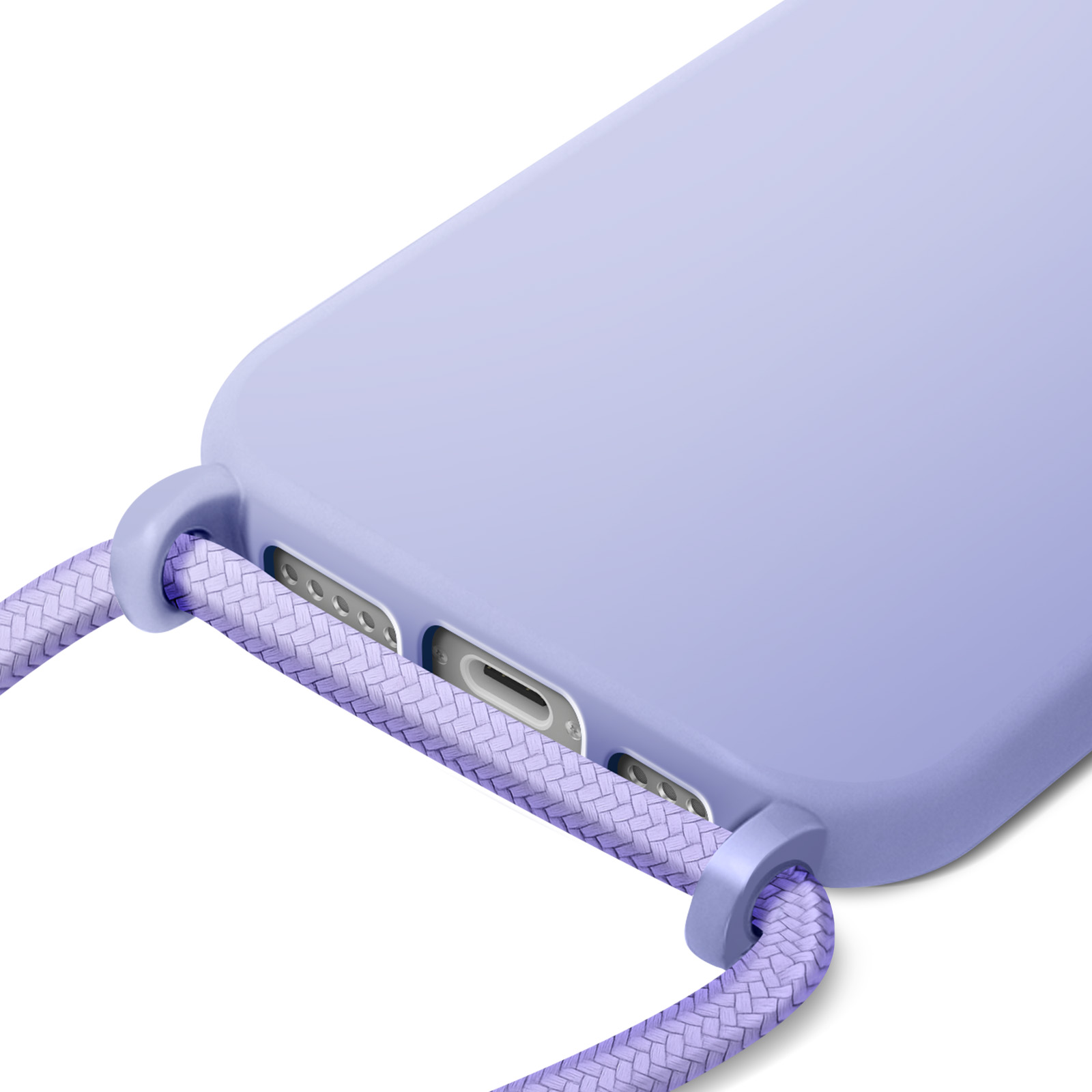 Gros plan d'une coque de téléphone lavande avec une sangle tressée assortie. L'étui est incliné vers le spectateur.