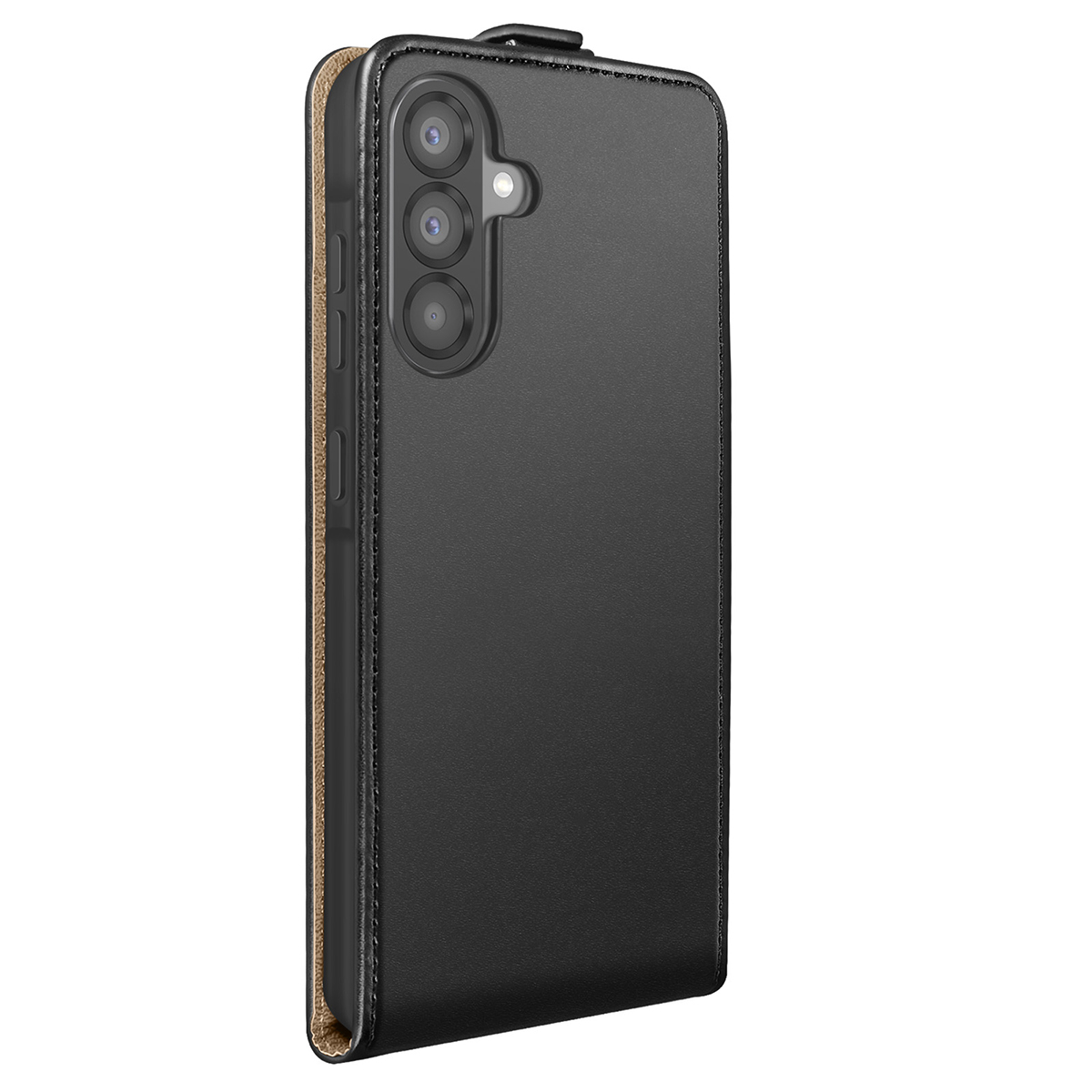 Custodia nera per telefono con modulo fotocamera. La custodia ha un design a flip cover ed è in pelle. C'è un bordo cucito.