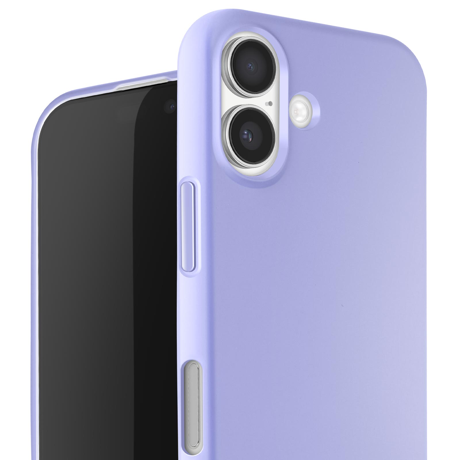 Gros plan d'une coque de téléphone lilas avec écran noir à gauche. La coque a des objectifs et un flash.