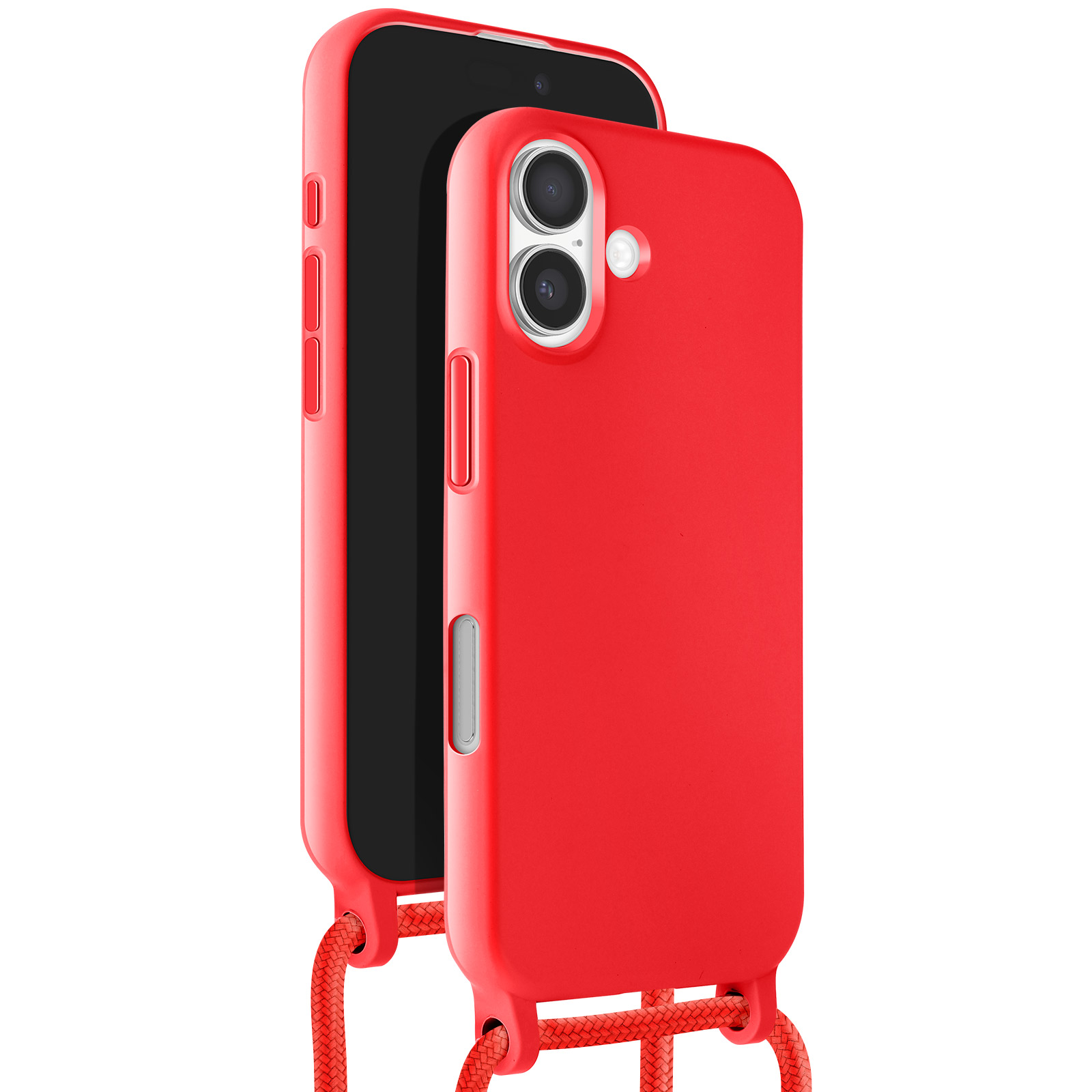 Un étui de téléphone rouge avec un téléphone noir à l'intérieur. Une corde rouge est attachée à l'étui. Le fond est blanc.