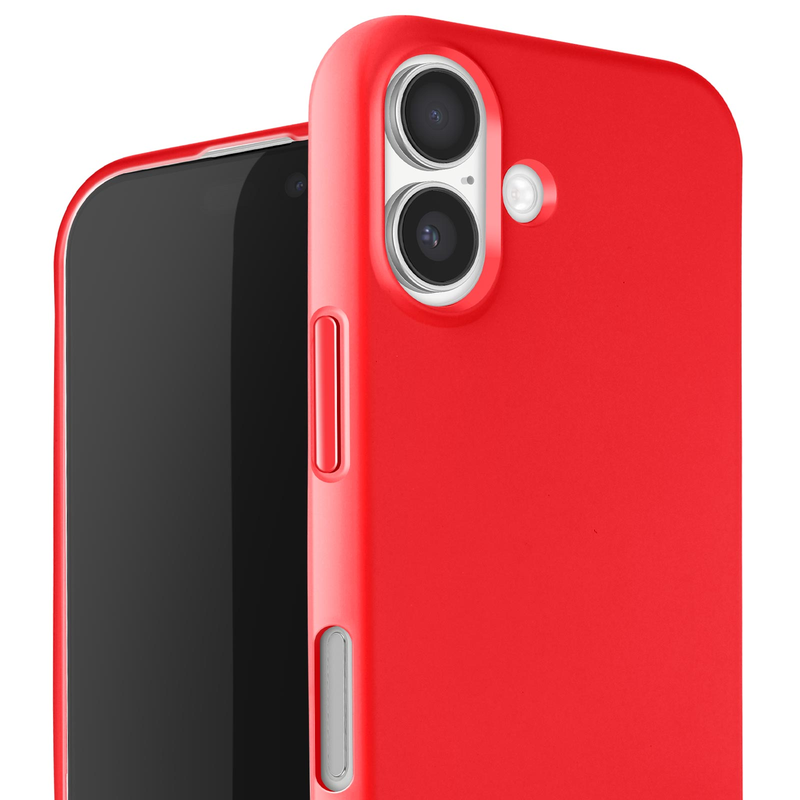 Un étui de téléphone rouge avec un écran noir est présenté. L'étui a des lentilles de caméra et des boutons sur le côté.