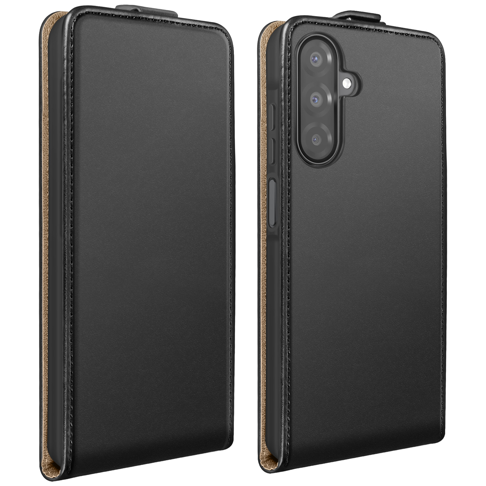 Custodia per telefono in pelle nera, con un telefono all'interno. La custodia è aperta, mostrando la fotocamera e lo schermo del telefono.