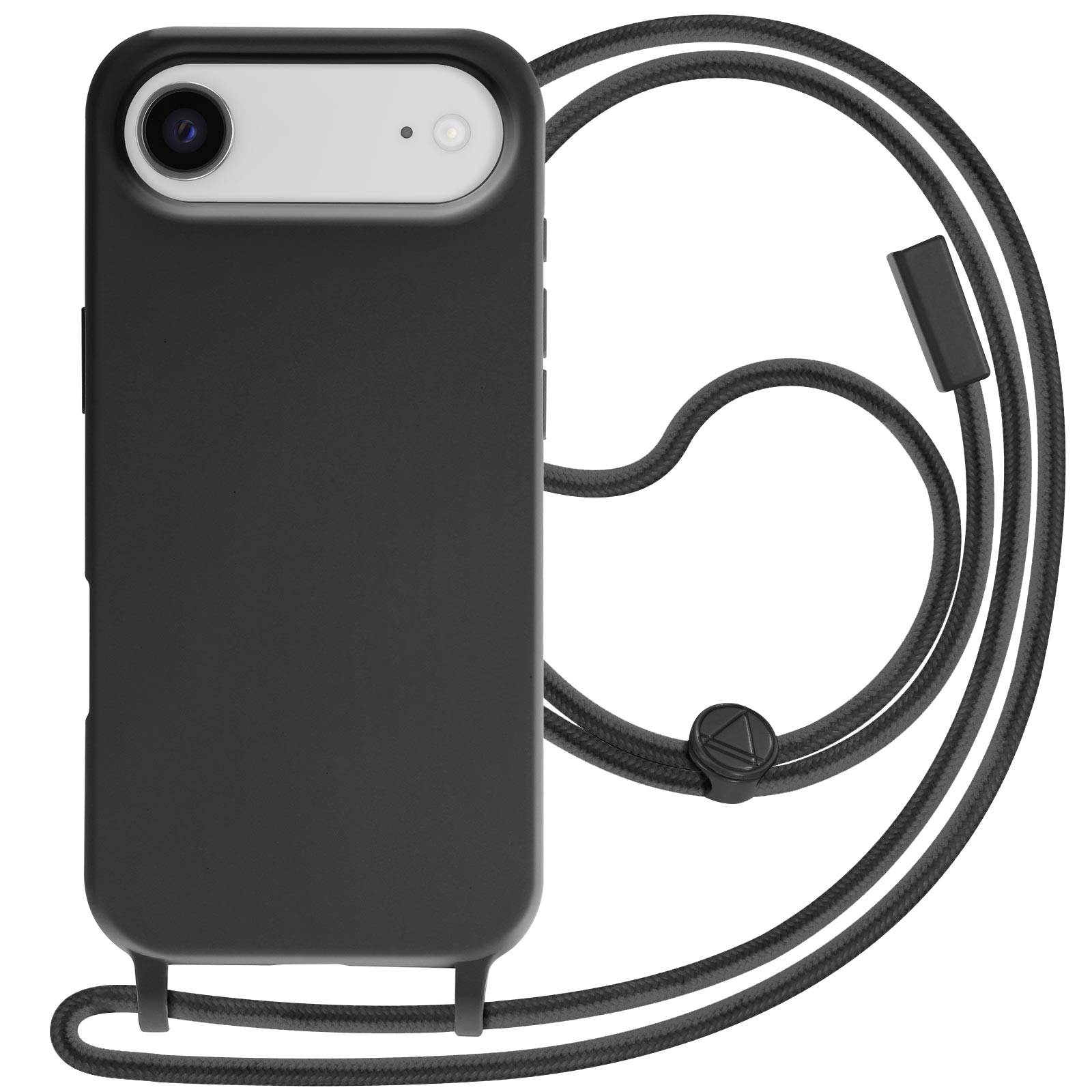 Coque de téléphone noire avec découpe pour appareil photo et cordon noir. Le cordon a un fermoir noir et une pièce réglable noire.