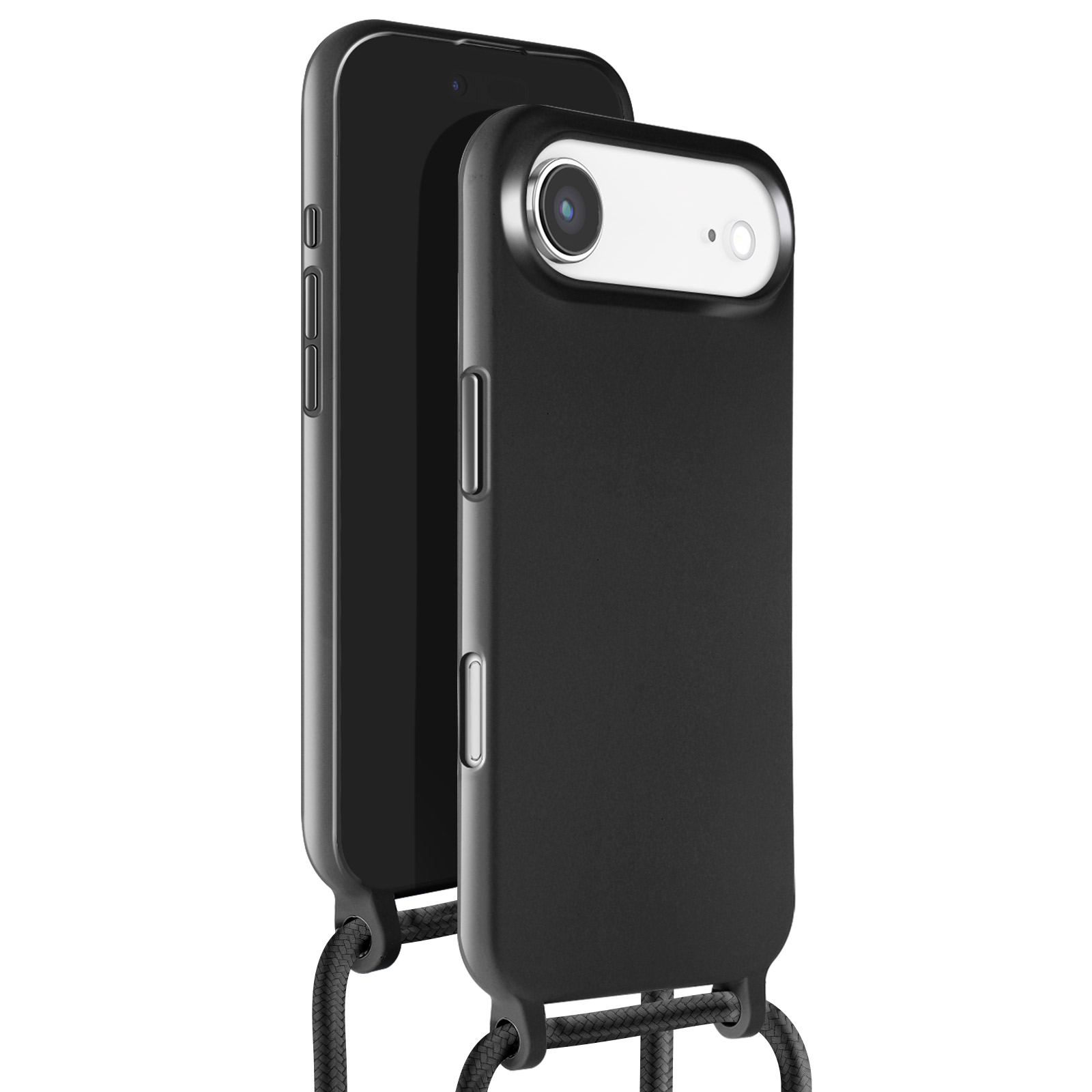 Deux téléphones noirs dans des étuis avec un cordon noir. Un téléphone est derrière l'autre.