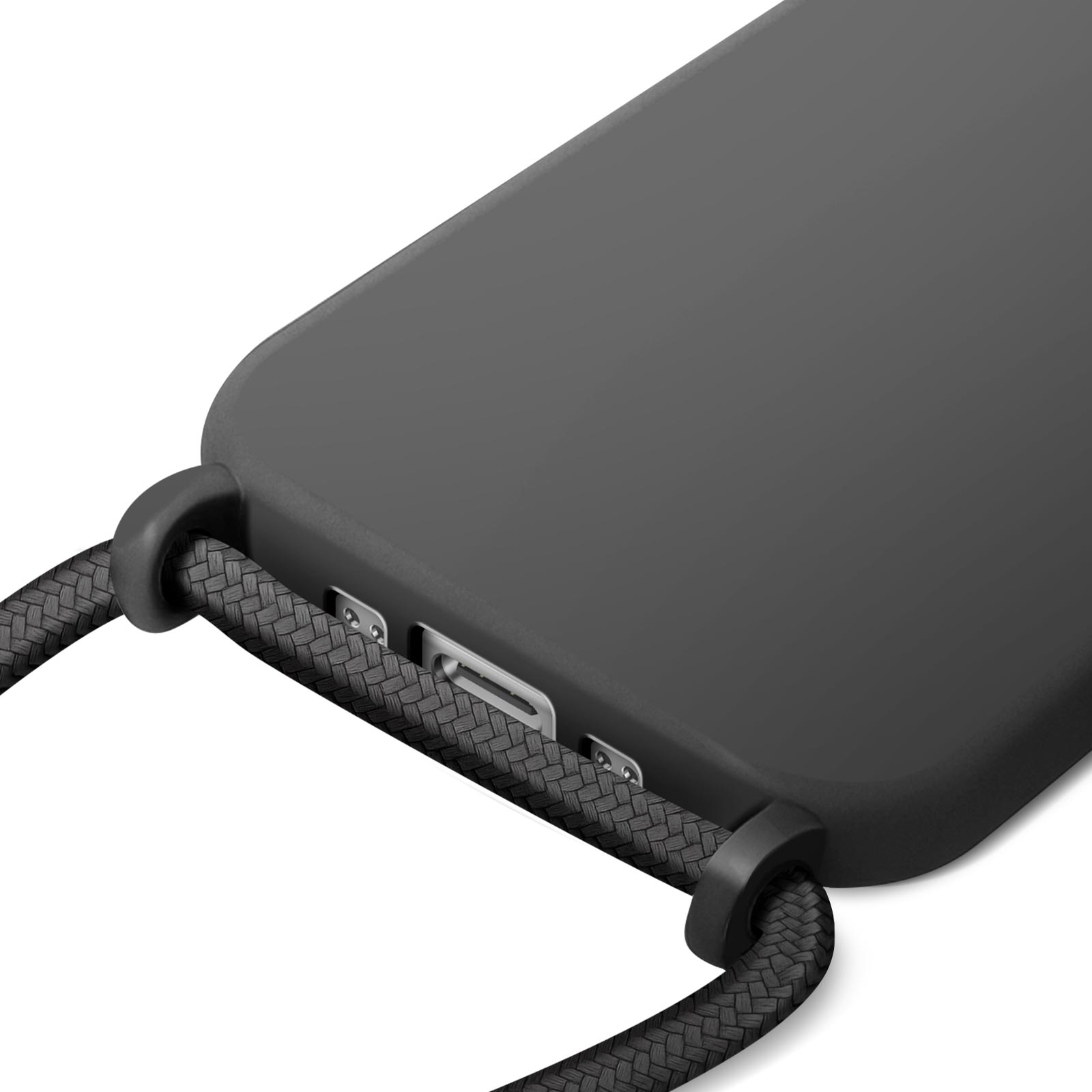 Gros plan sur une coque de téléphone noire avec une sangle noire tissée. Le port de chargement du téléphone est visible.