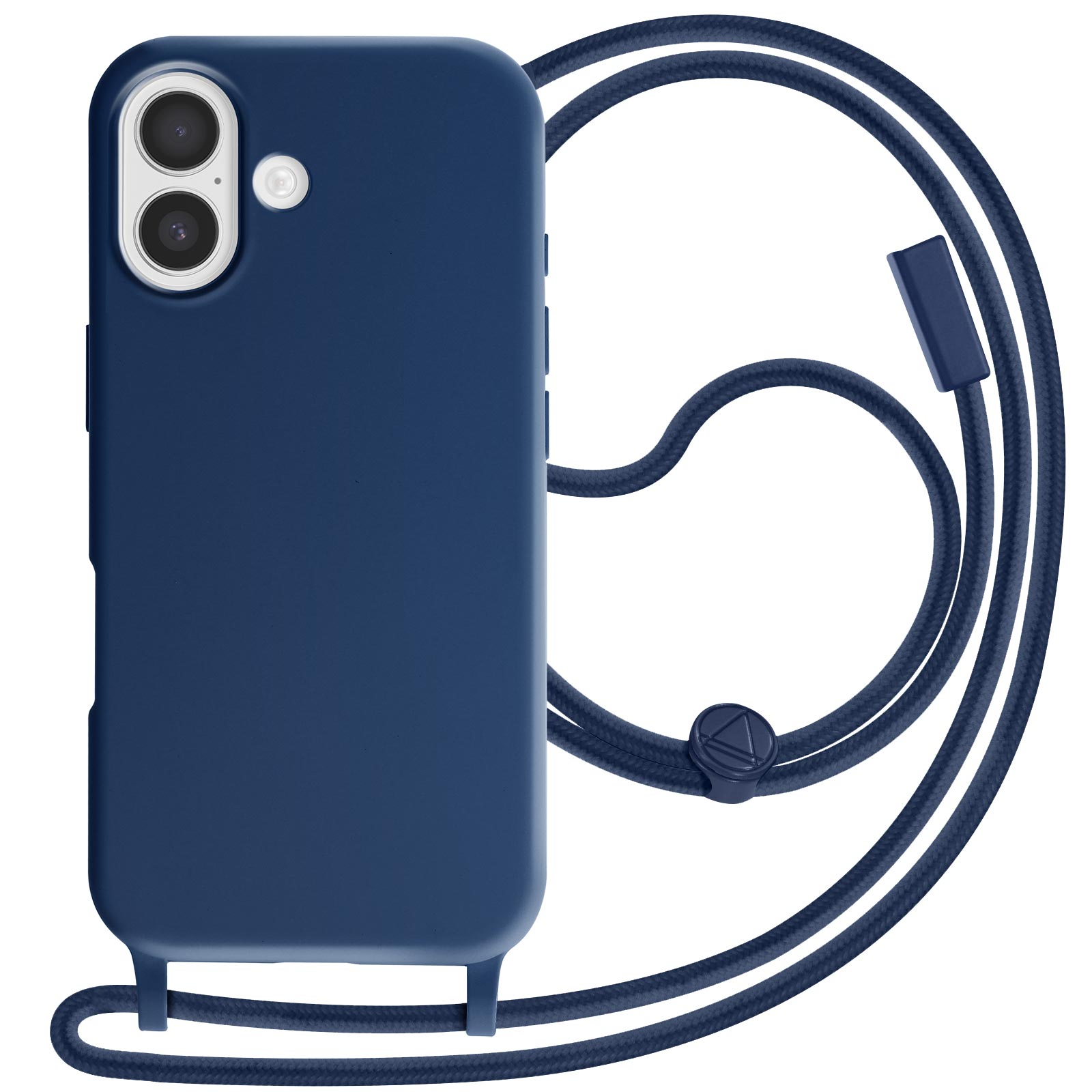 Une coque de téléphone bleu marine avec un cordon assorti. La coque a deux caméras et un bouton.