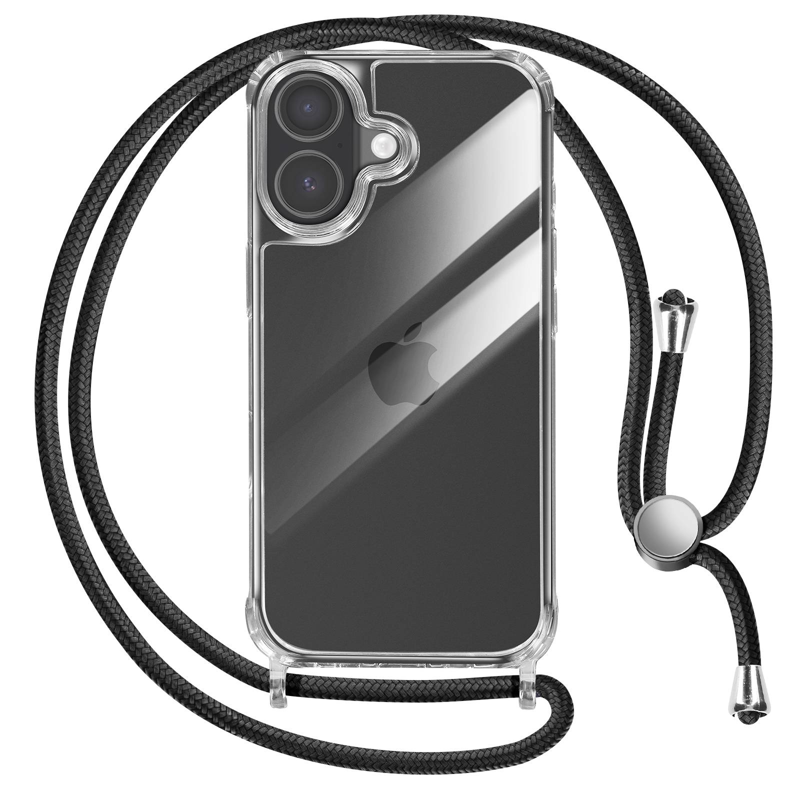 Coque de téléphone transparente avec cordon noir. Le téléphone a deux caméras et un logo Apple. Le cordon a des accents métalliques.