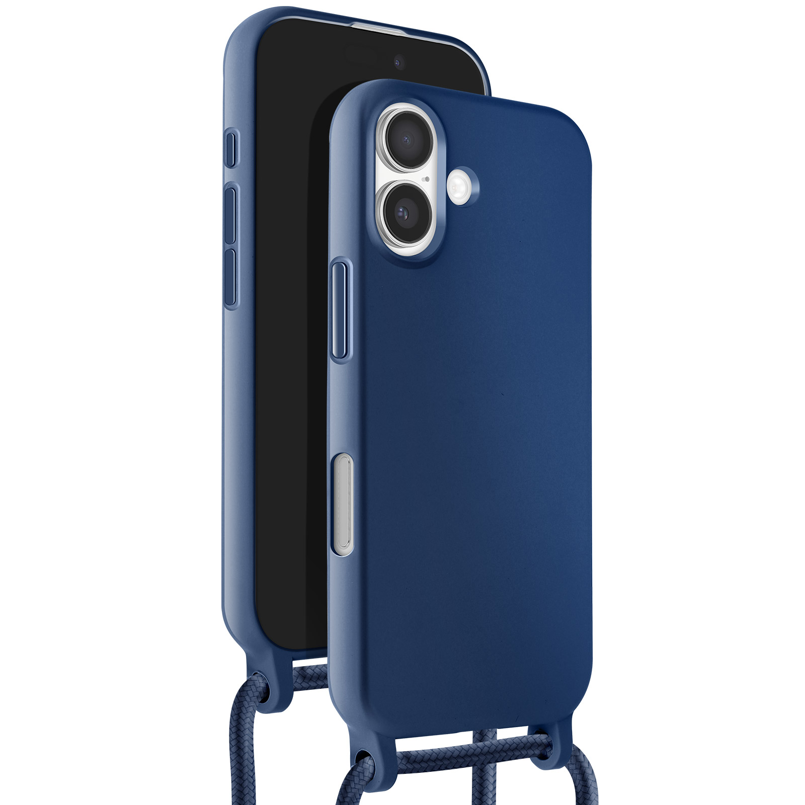 Une coque de téléphone bleu marine avec un téléphone à l'intérieur. Un cordon bleu marine tressé est attaché. Fond blanc.