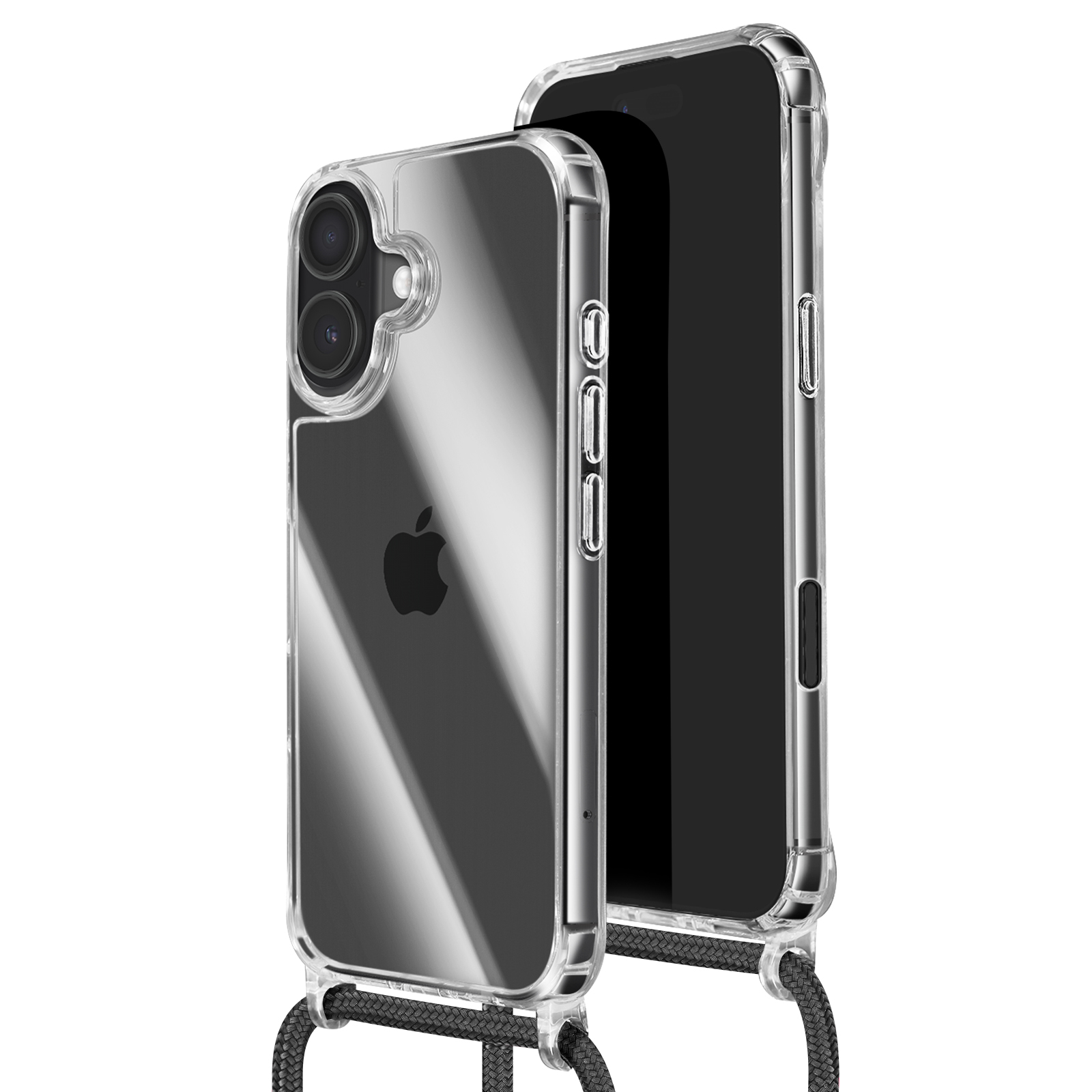 Coque de téléphone transparente avec deux caméras, logo Apple, écran noir et cordon tressé noir.
